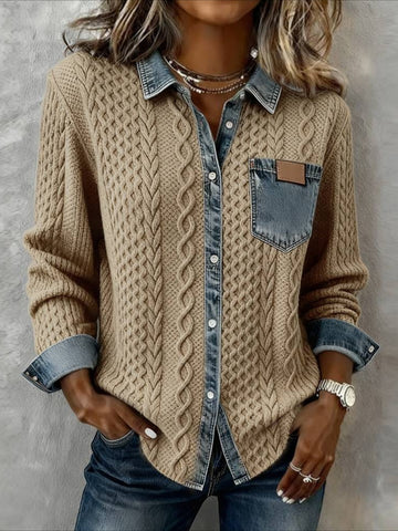 Multicolor Block Denim Patchwork Elegant Loose Shawl Collar Cardigan
