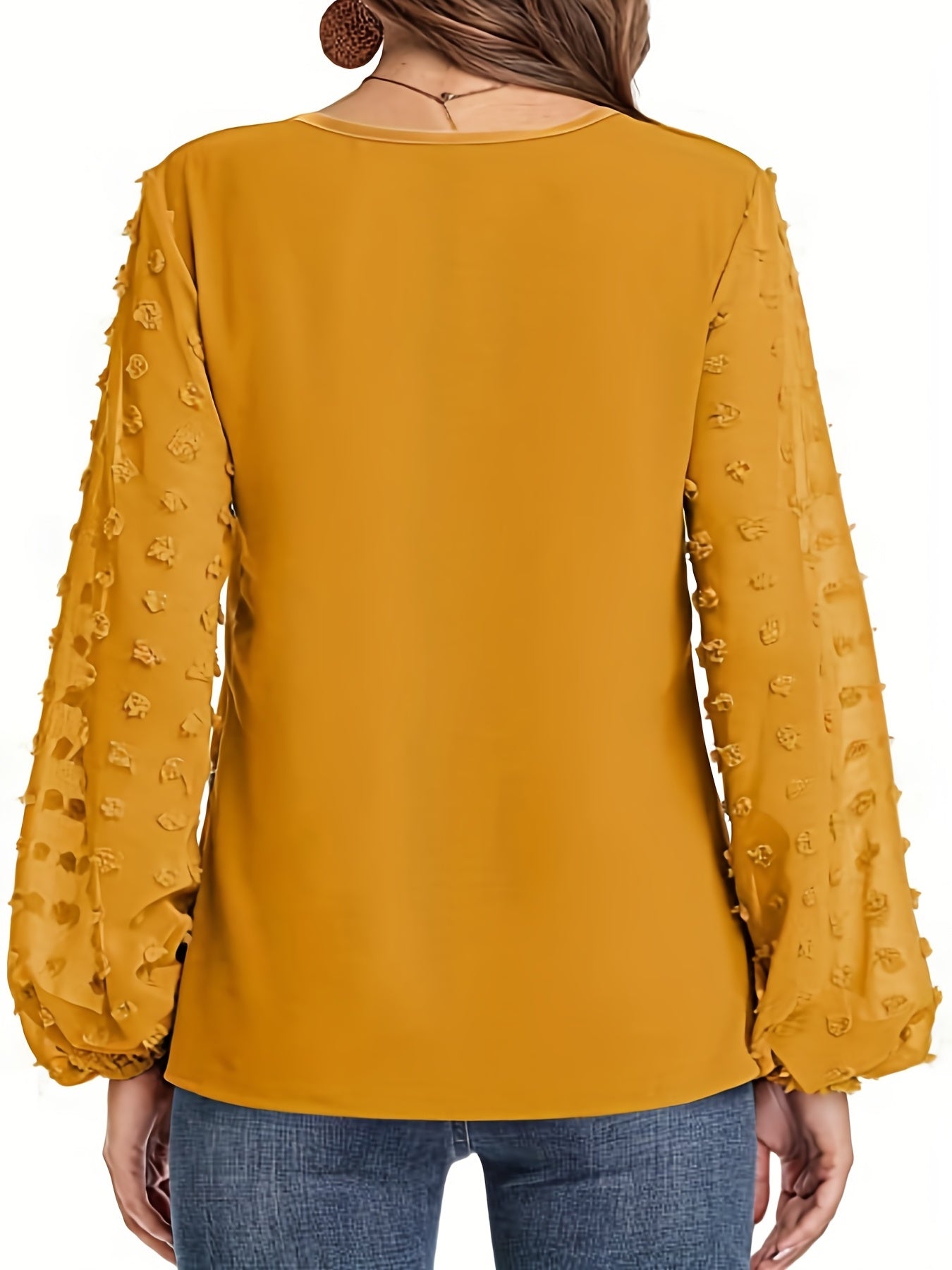 Swiss Dot Sleeve Shirt, Casual V Neck Solid Shirt
