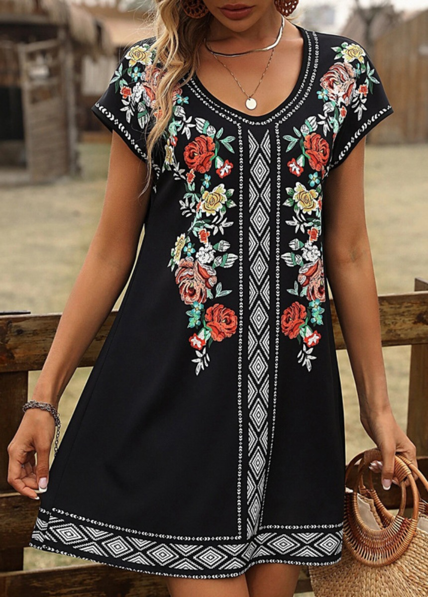 Short Sleeve Print Flora Retro Loose O Neck Mini Dress
