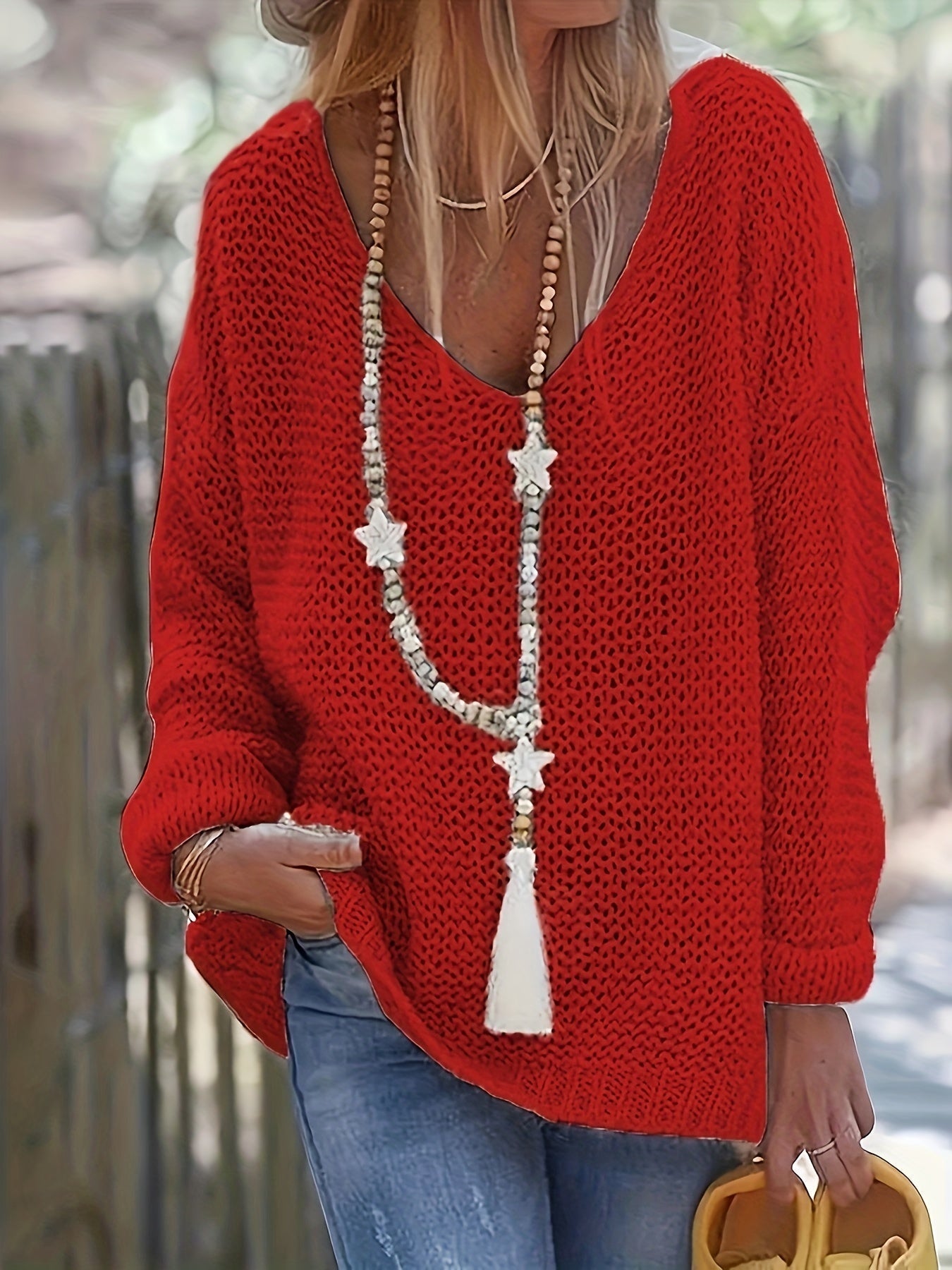 Solid V Neck Knitted Pullover Sweater, Casual Long Sleeve Sweater