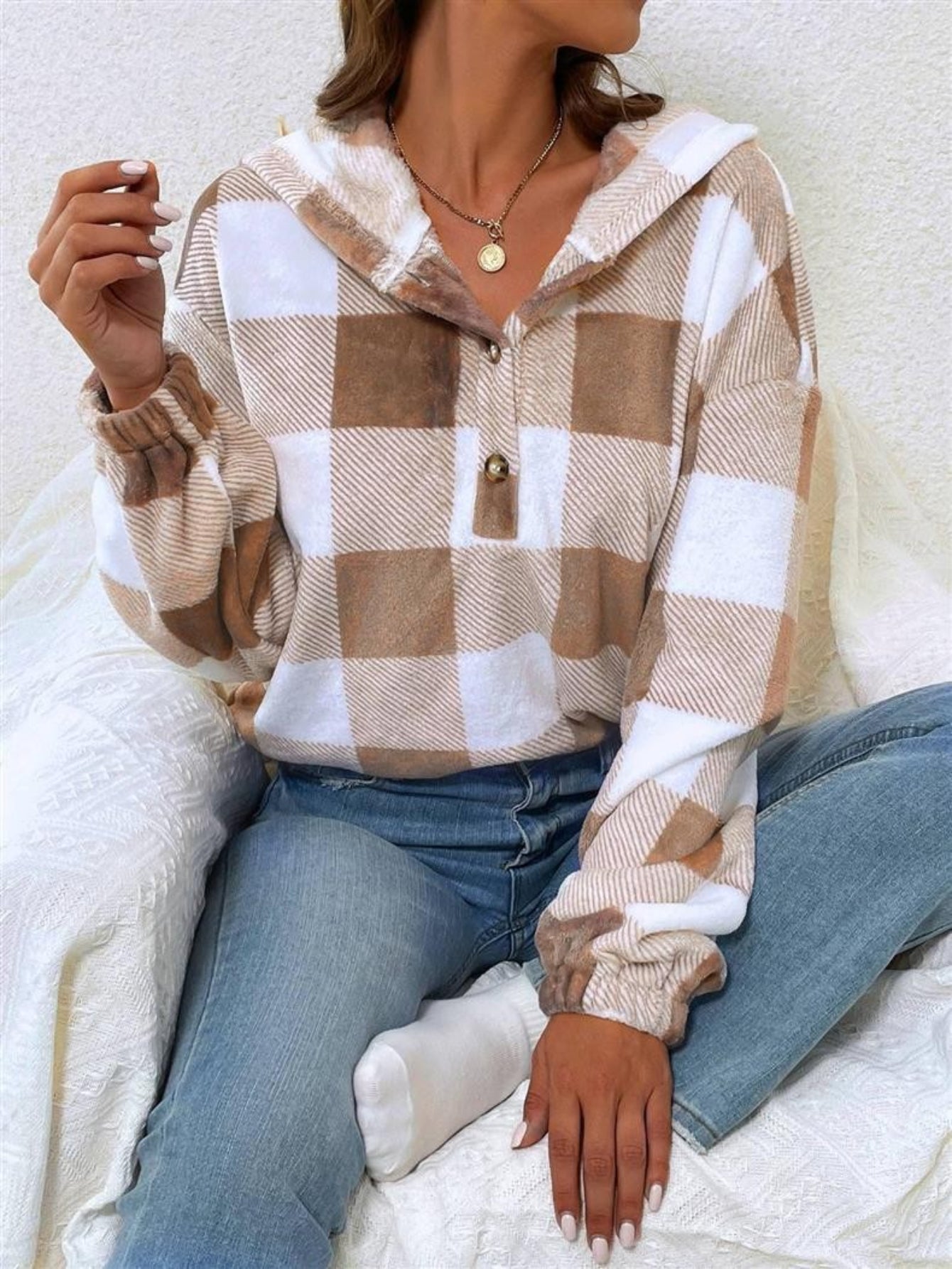 Plaid Print Simple Hoodies, Casual Drop Shoulder Long Sleeve Sweatshirt