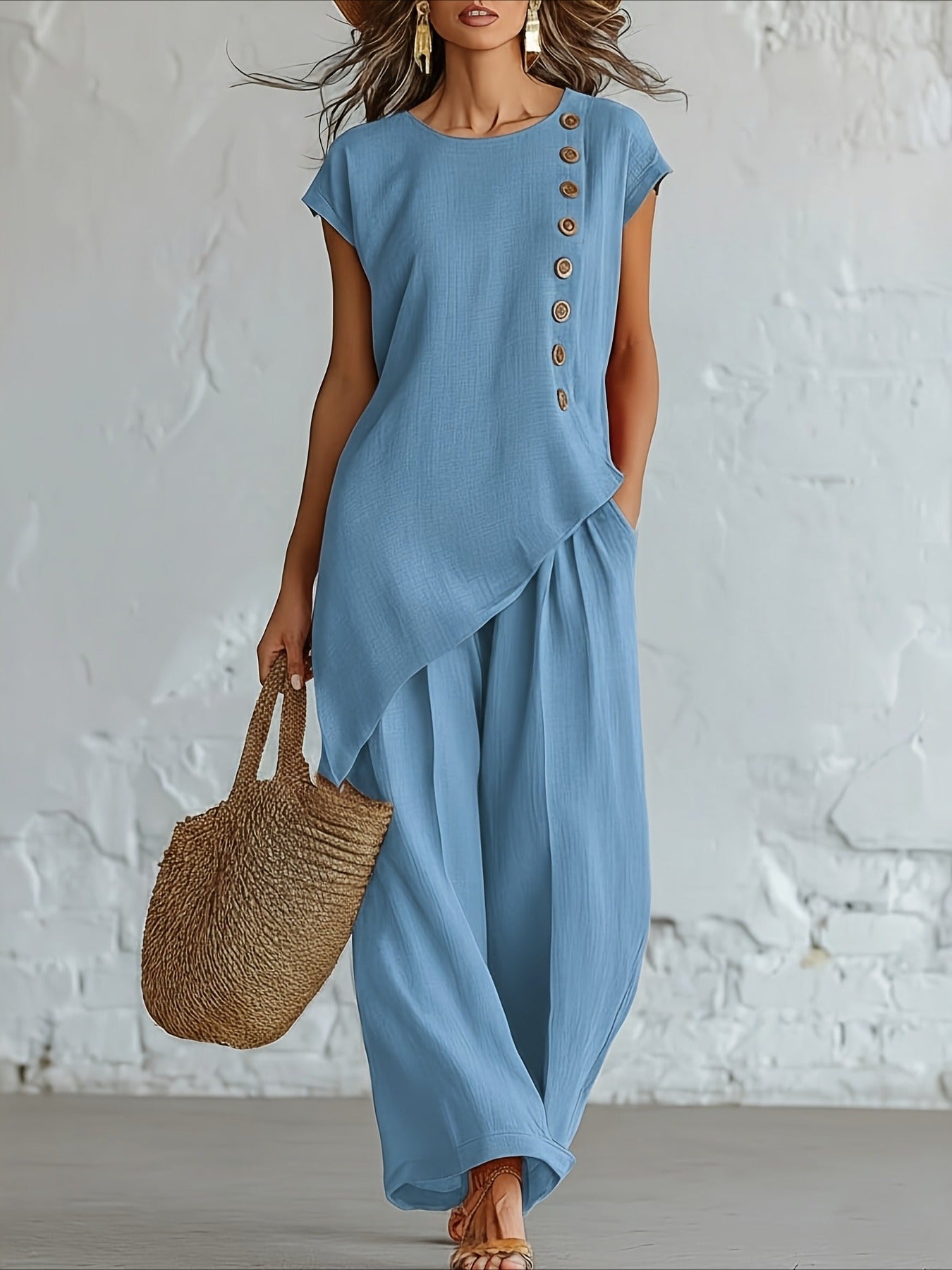 2pcs Set Button Detail Asymmetrical Hem Top & Wide Leg Pants Outfit