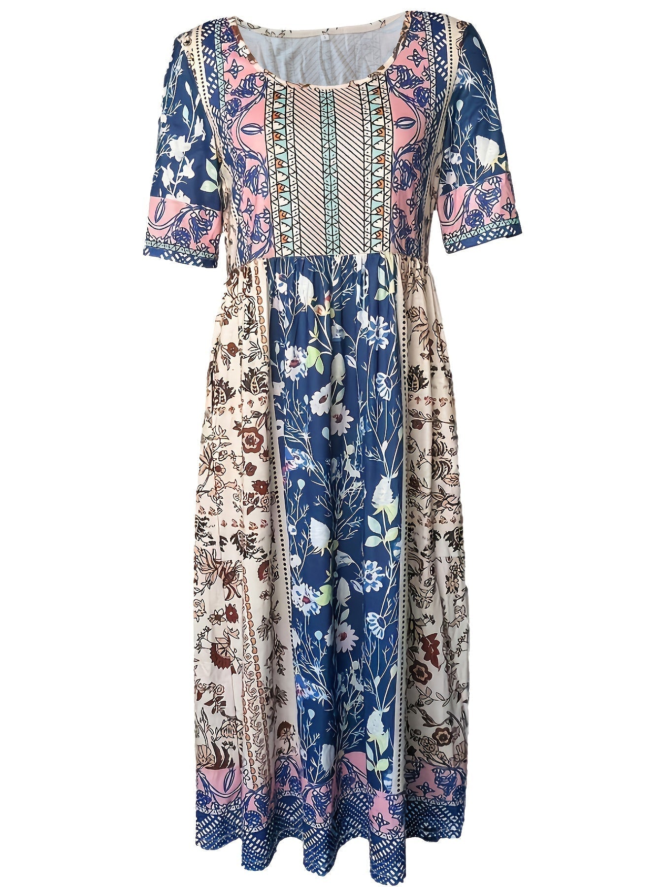 Floral Print Crew Neck Dress, Casual Short Sleeve Dress