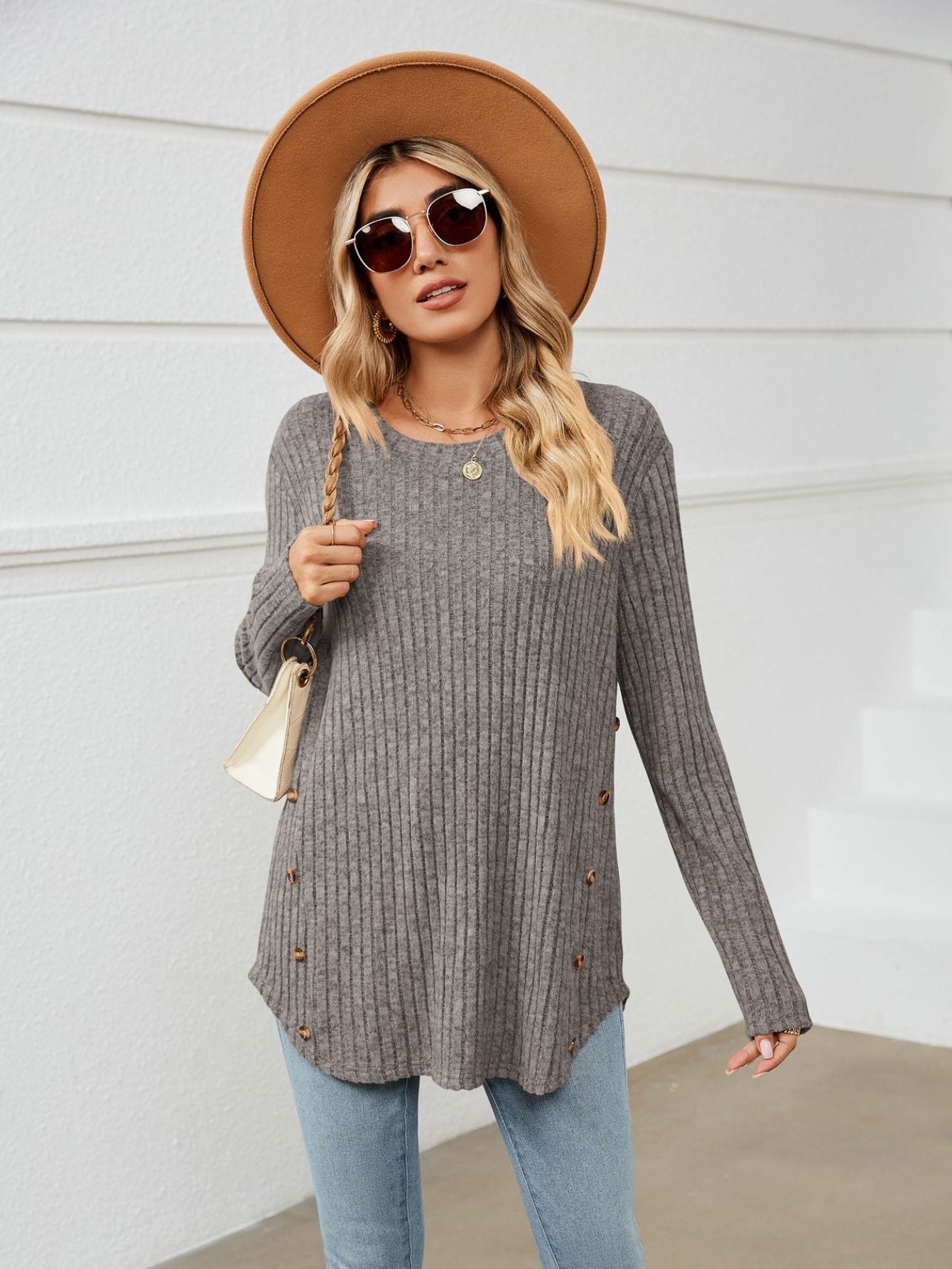 Solid Crew Neck Rib Knit Top, Casual Button Long Sleeve Loose Sweater