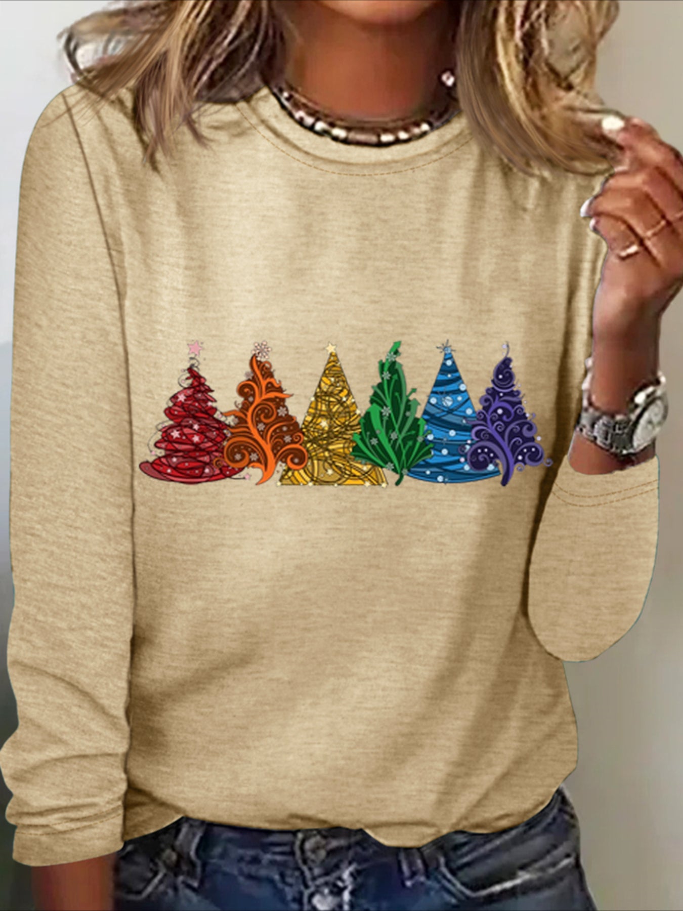 Christmas Tree Cotton-Blend Crew Neck Casual Long Sleeve Shirt