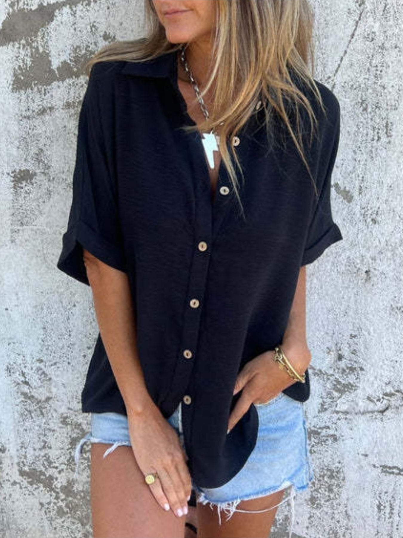 Casual Button Collared Short Sleeve Tunic Tops with Pocket