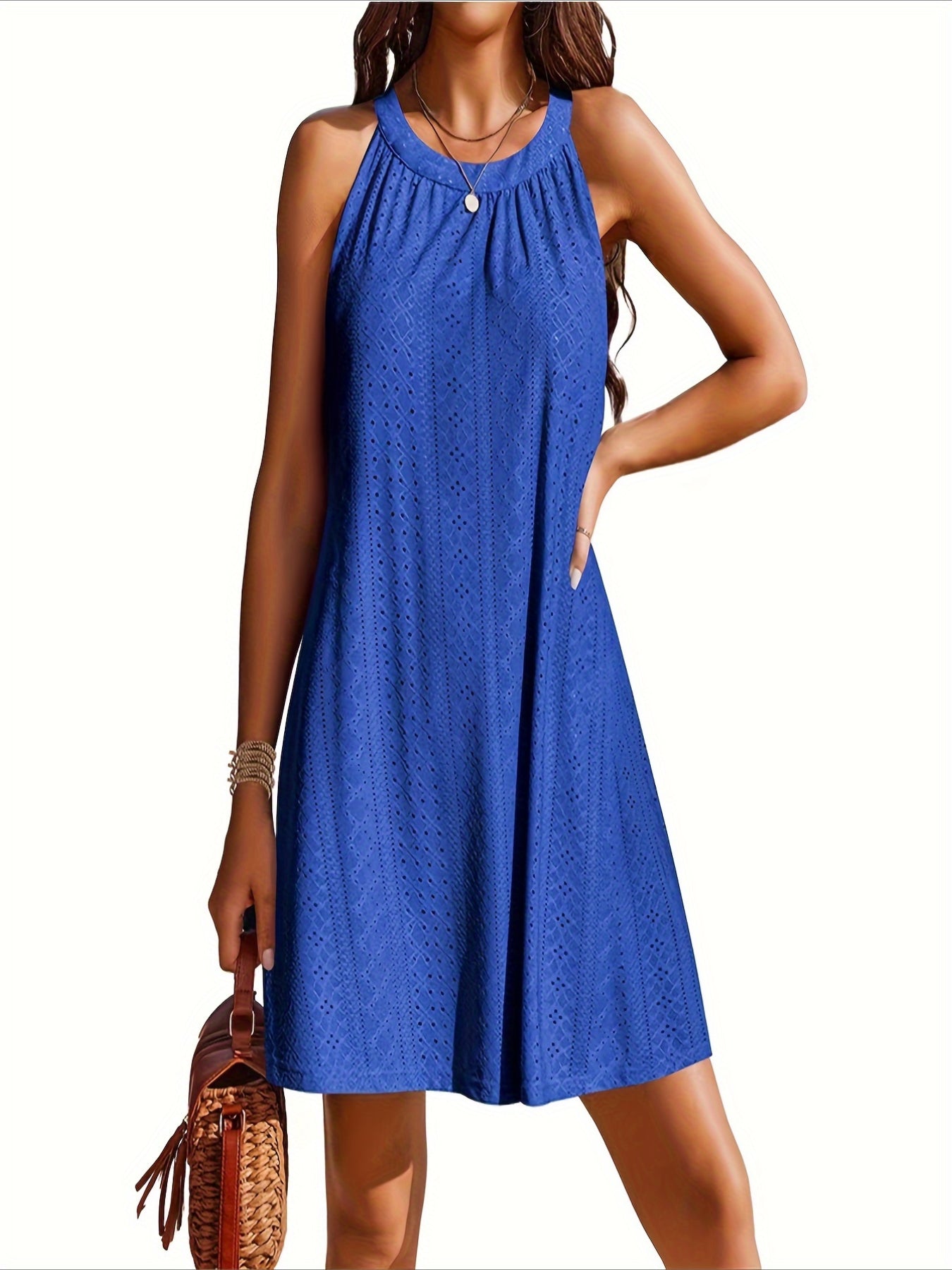Eyelet Embroidered Crew Neck Dress, Casual Sleeveless Dress