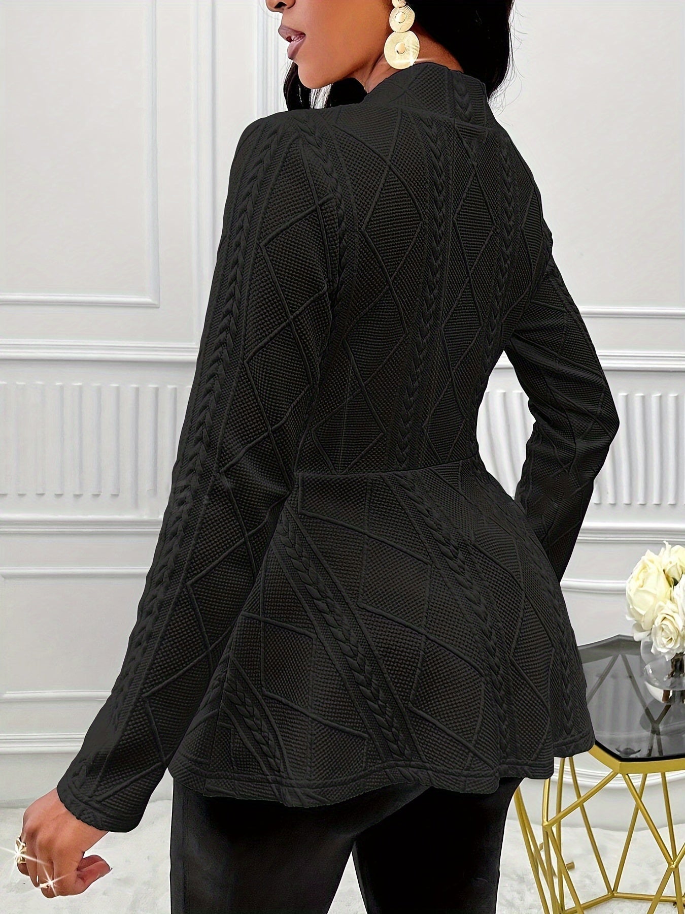 Chic Single-Button Blazer - Tailored Fit with Ruffle Hem Detail, Elegant Long Sleeve