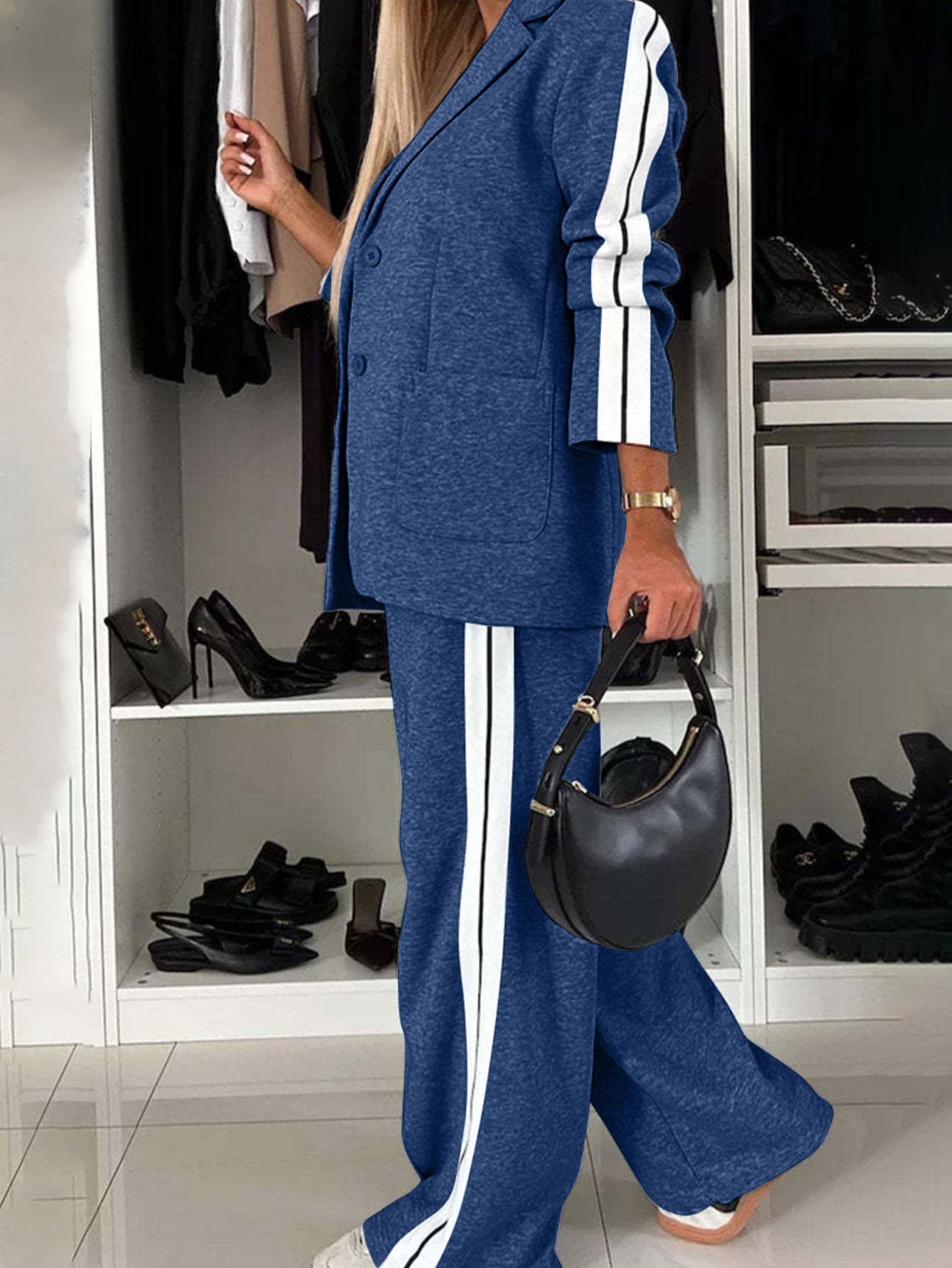 Full Size Contrast Lapel Collar Top and Pants Set
