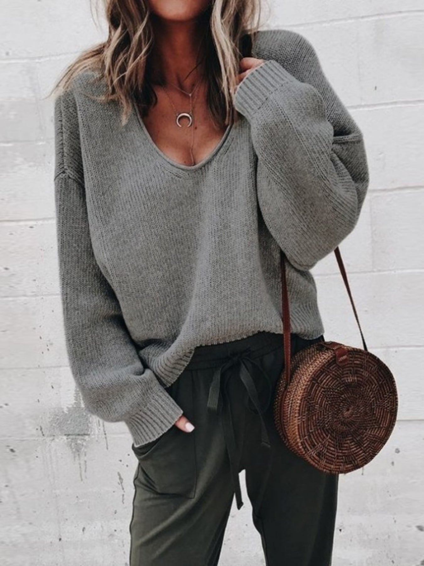 Solid Color V Neck Sweater, Casual Long Sleeve Sweater