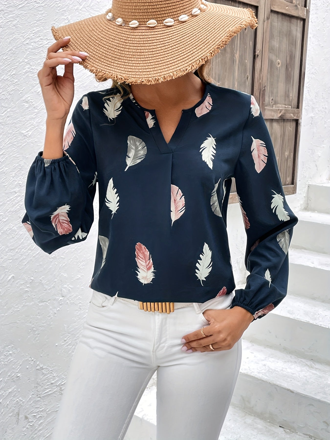 Feather Printed V-neck Loose Shirts, Casual Long Sleeve Fashion Shirts
