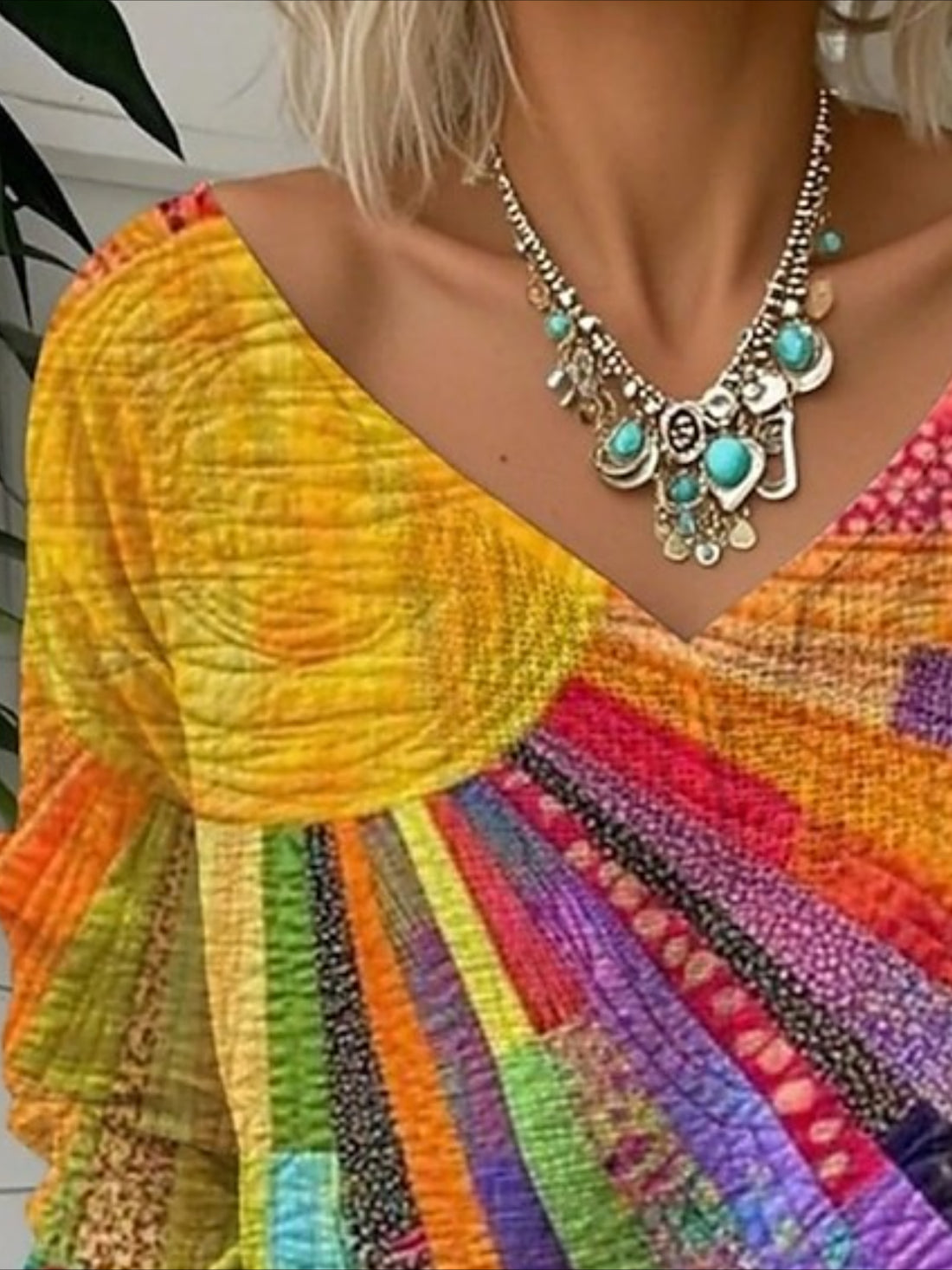 Floral Graphic Striped Stylish Casual 3/4 Length Sleeve V Neck Regular Tops