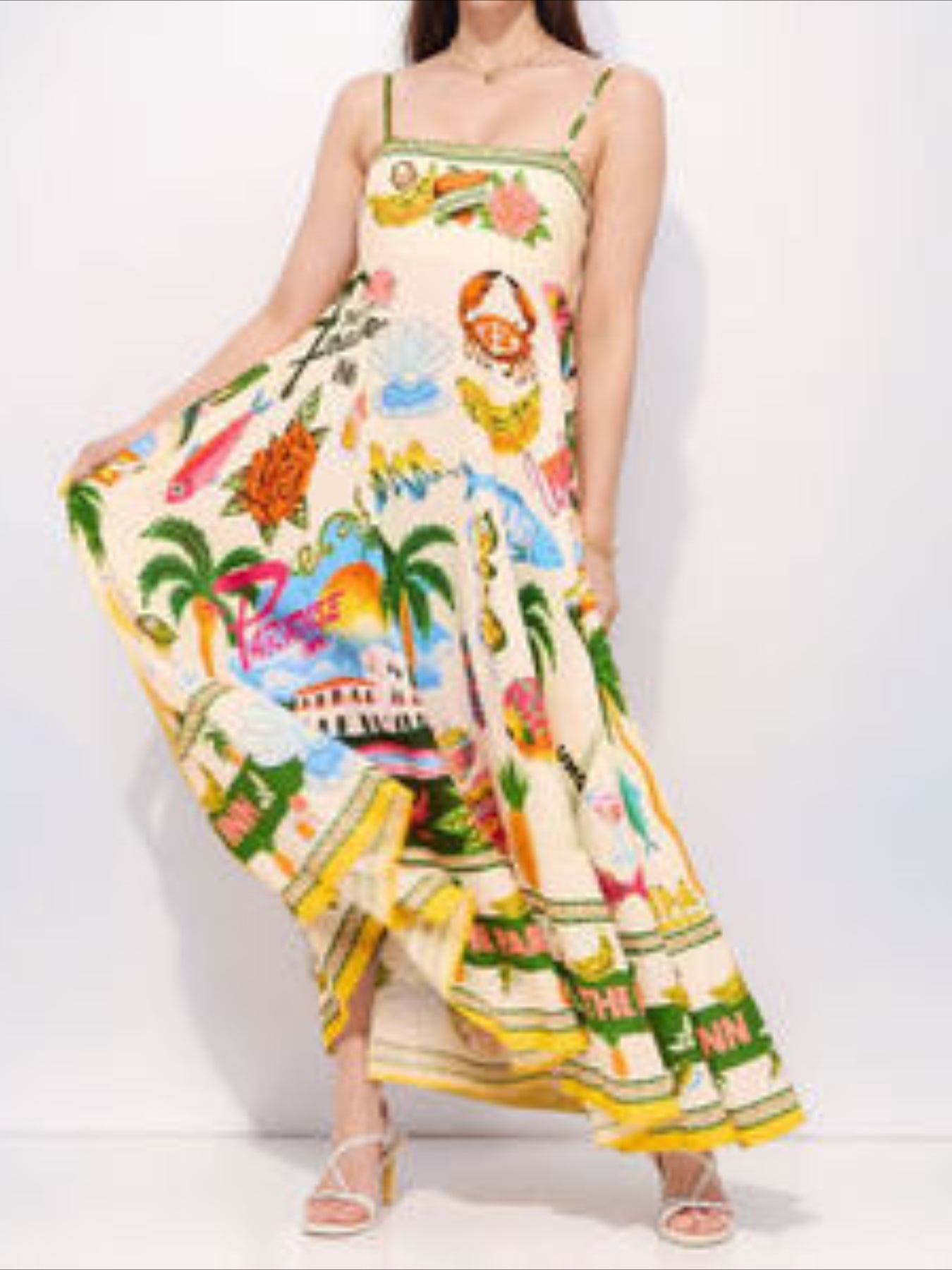 Cartoon Drawstring Print Shirred Cami Dress, Elegant Sleeveless Spaghetti Strap Dress