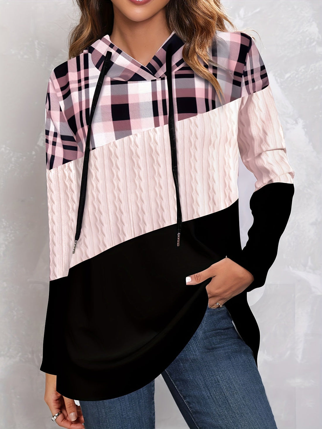 Color Block Drawstring Hoodie, Casual Long Sleeve Hoodie