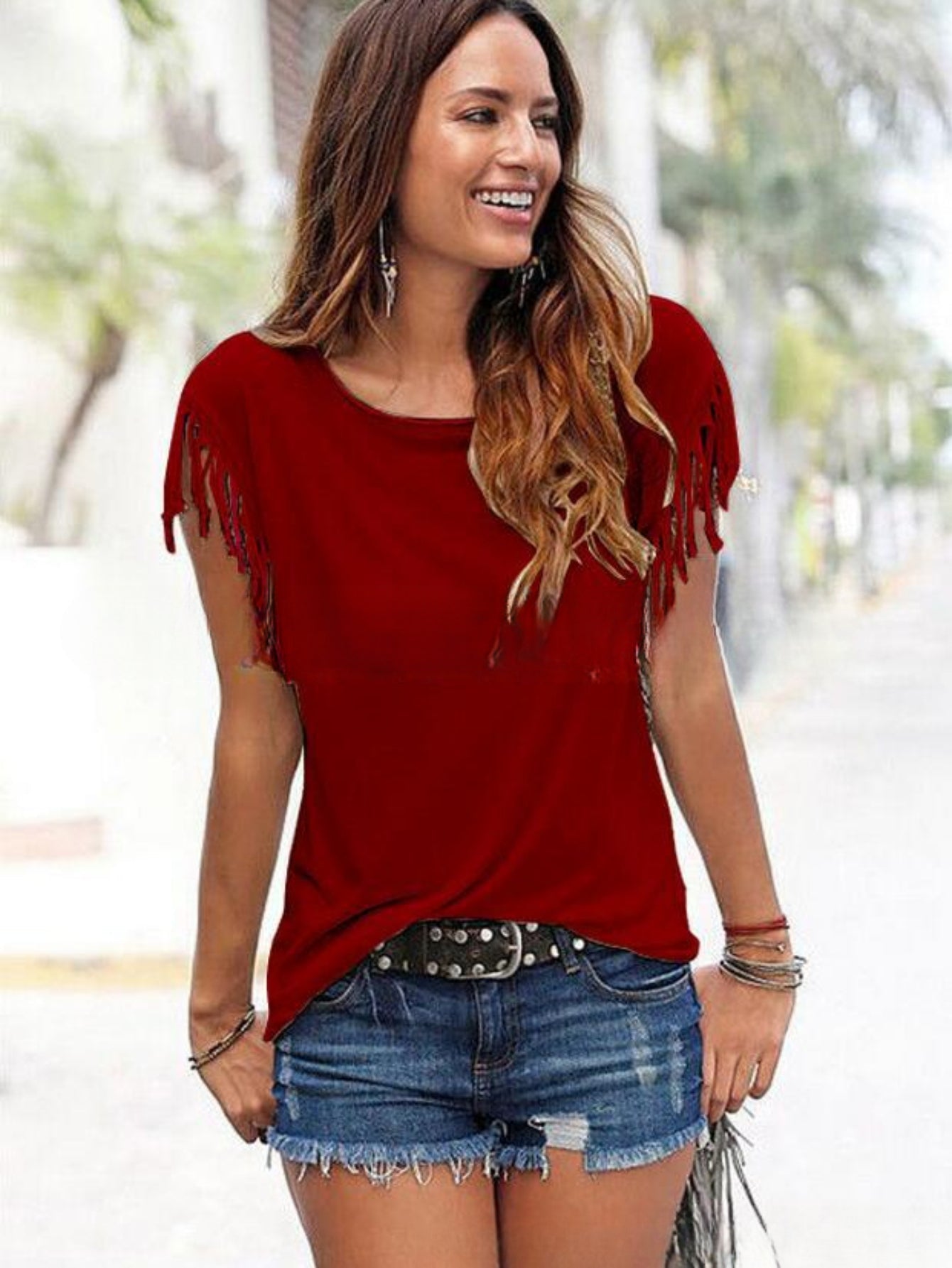 Fringe Hem Solid  T-Shirt, Crew Neck Short Sleeve T-Shirt