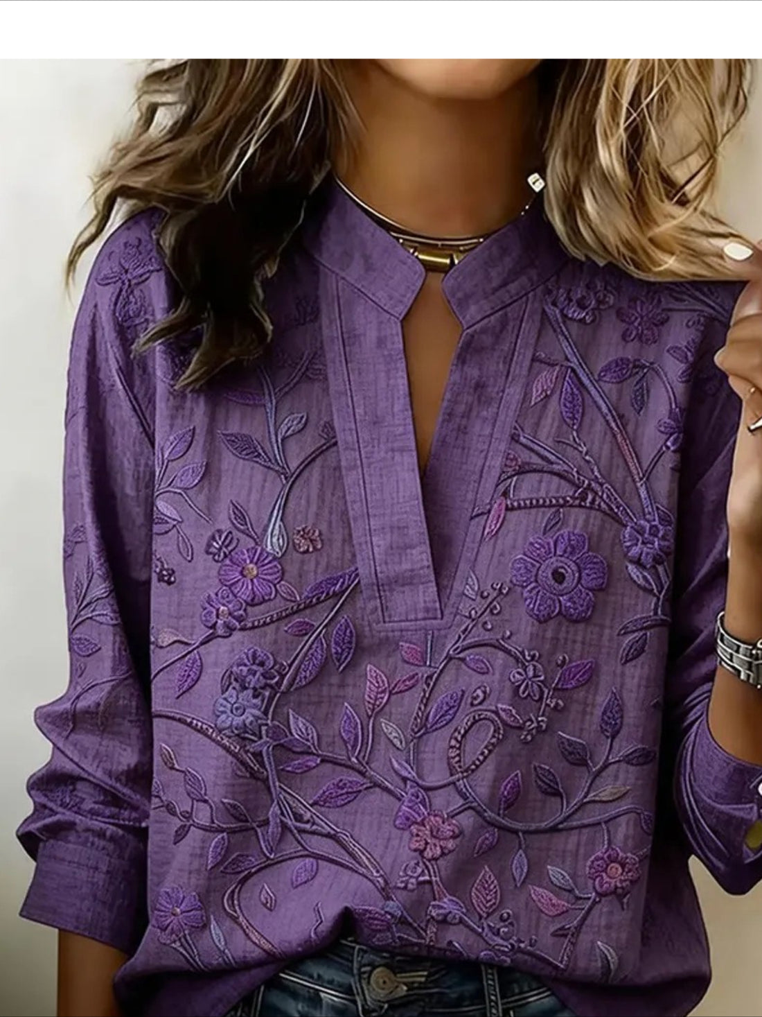 Button-Down V-Neck Printed Long Sleeve Shirt