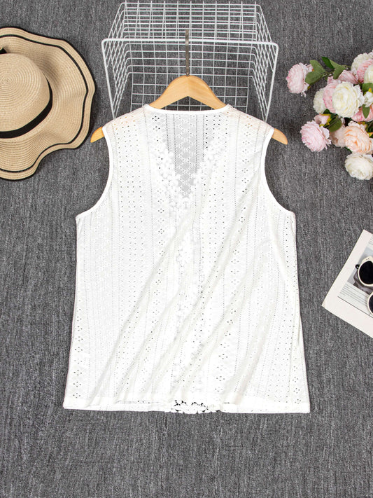 Lace Trim Eyelet Solid Tank Top, Casual V Neck Sleeveless Top