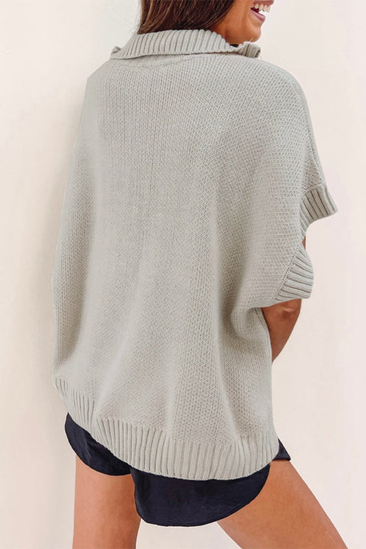 Light Grey Quarter Zip Short Batwing Sleeve Sweater