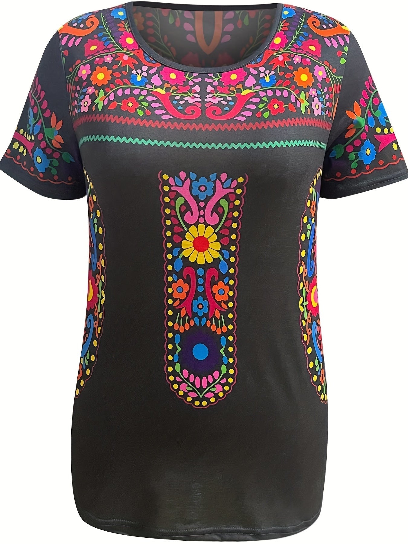 Floral Print Ethnic T-shirt, Boho Crew Neck Short Sleeve Summer T-shirt