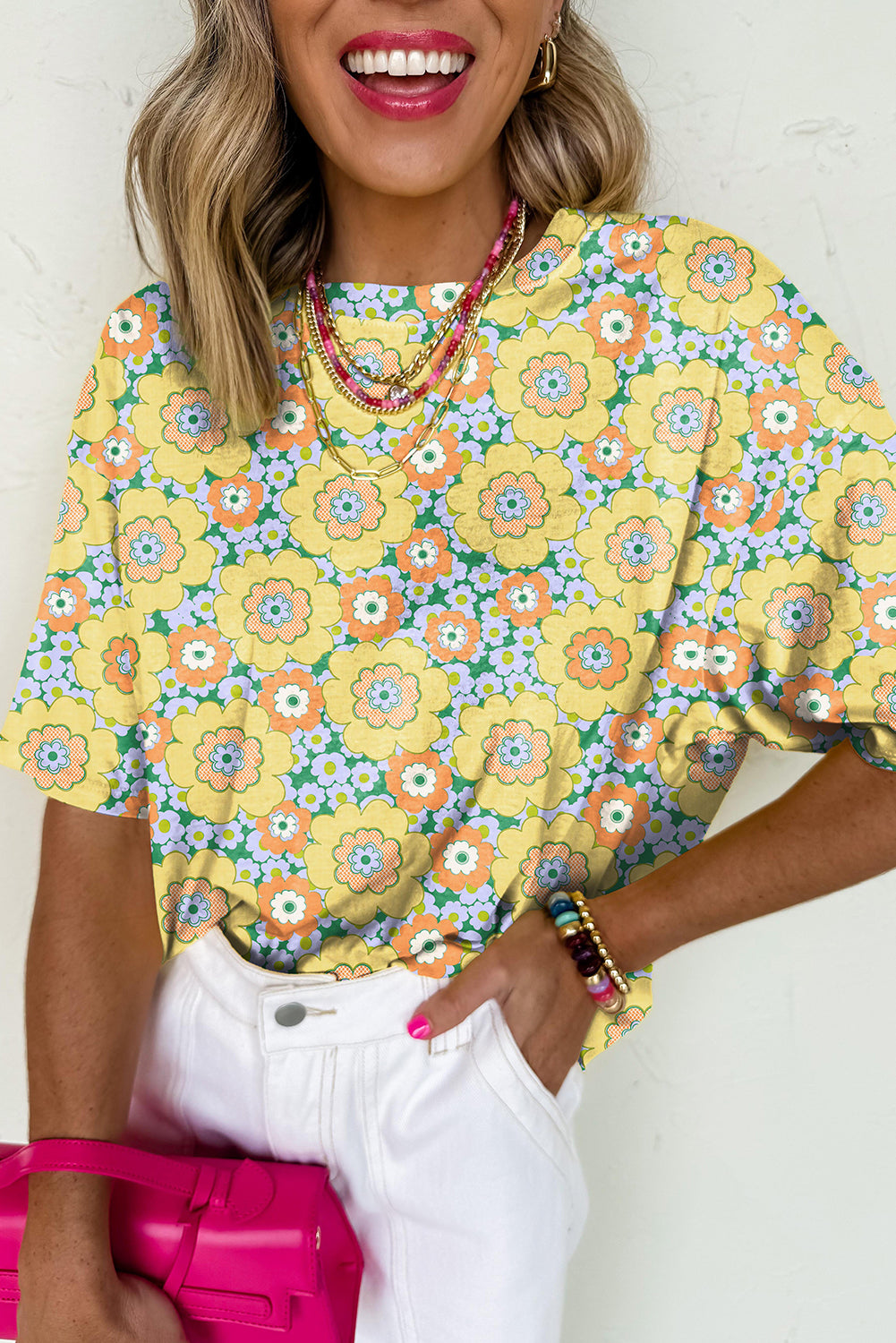 Yellow Summer Flower Printed Drop Shoulder Loose T Shirt