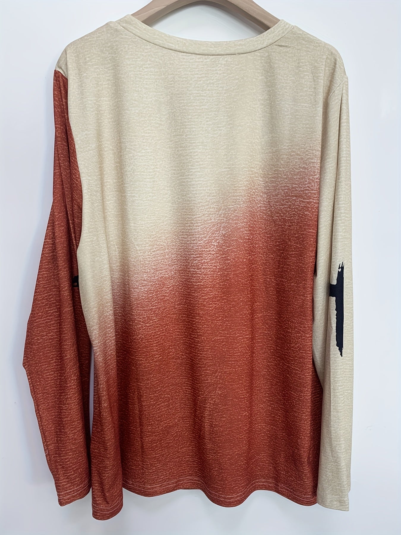 Casual Top, Women's Ombre & Heart & Letter Print Long Sleeve Round Neck Slight Stretch T-shirt