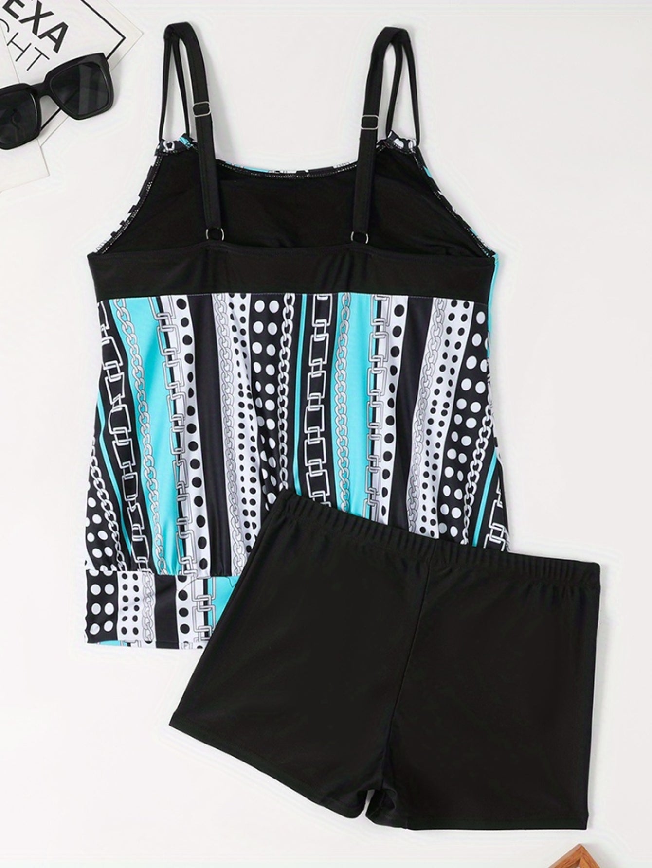 Striped & Polka Dot Print Tankini Sets, Round Neck High-Stretch Boxer Short Bottom Two Pieces Swimsuit