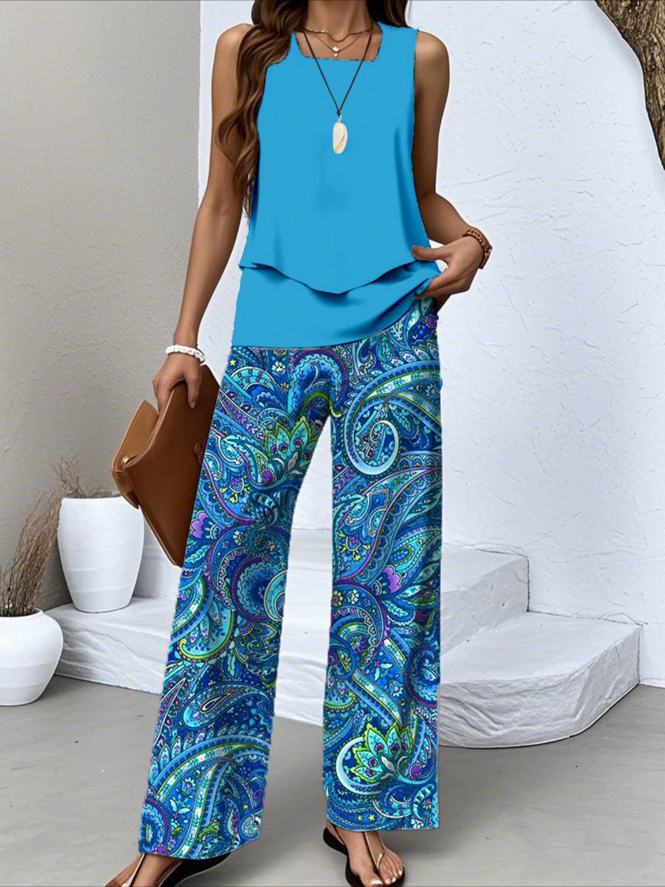 Crew Neck Sleeveless Layered Tank Top & Wide Leg Pants