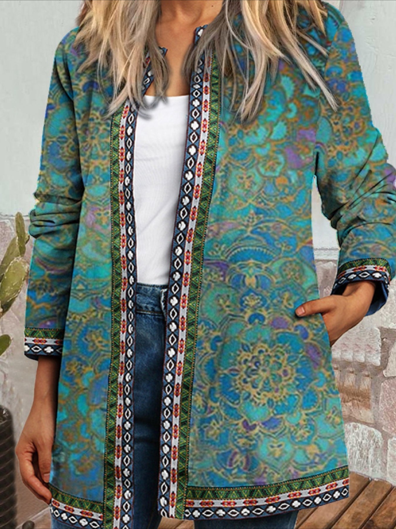 Floral Pattern Top, Elegant Open Front Long Sleeve Top