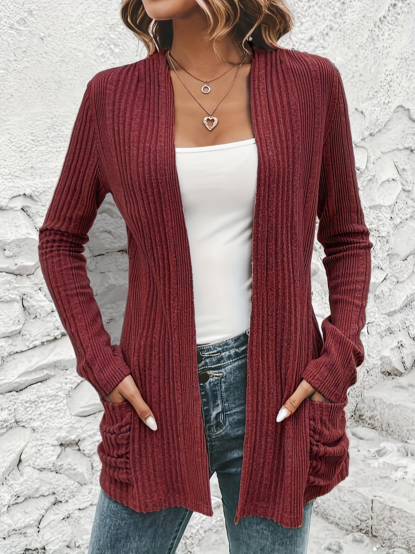 Solid Open Front Rib Knit Cardigan, Casual Long Sleeve Slim Cardigan With Pocket
