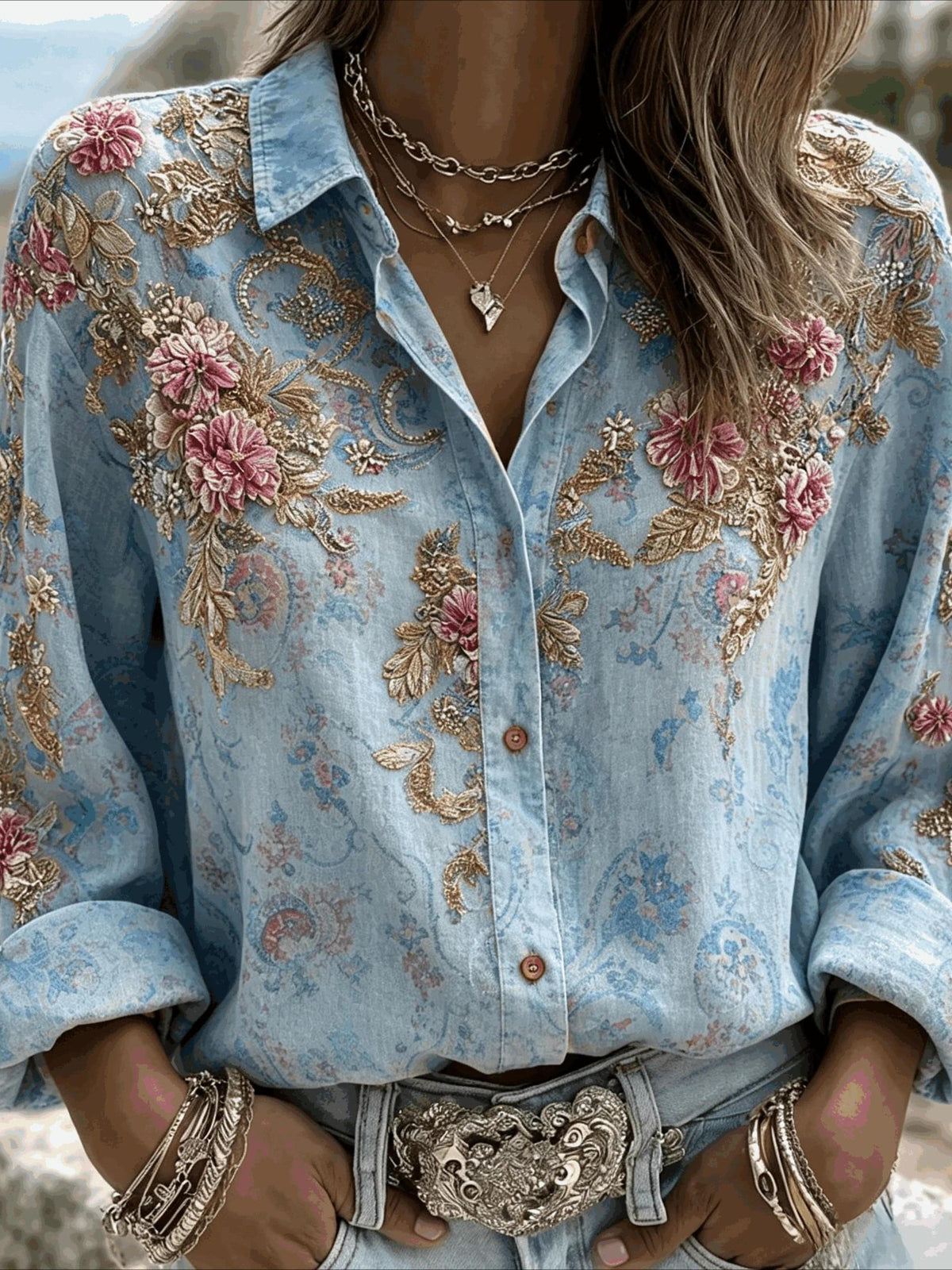 Flower Prints Shirt Collar Casual Long Sleeve Blouse