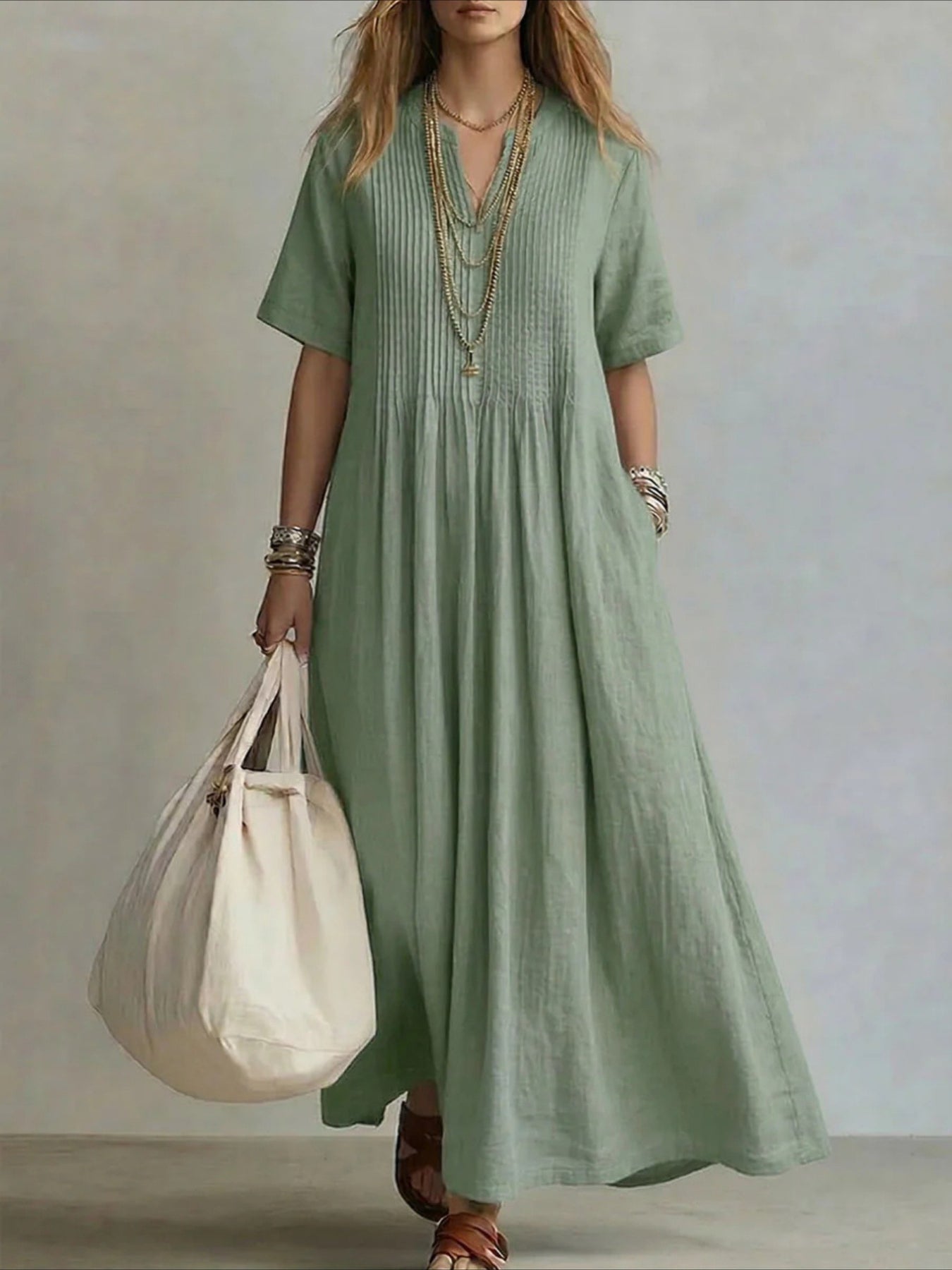 V-neck Short Sleeve Pleated Design Casual Loose Fit Maxi Dress