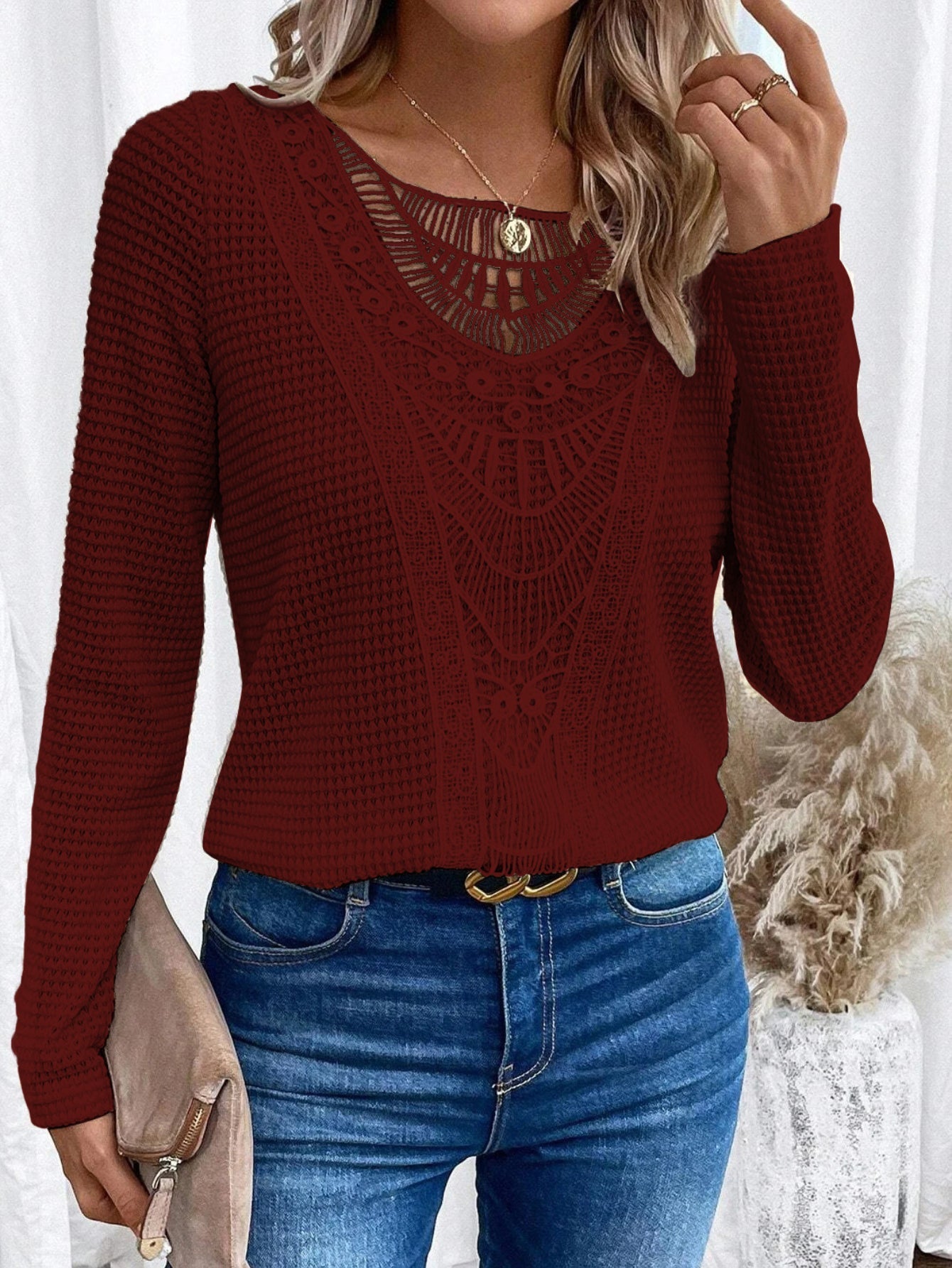 Lace Crochet Design Daily Plain Casual Crew Neck Loose H-Line Long Sleeve T-Shirt
