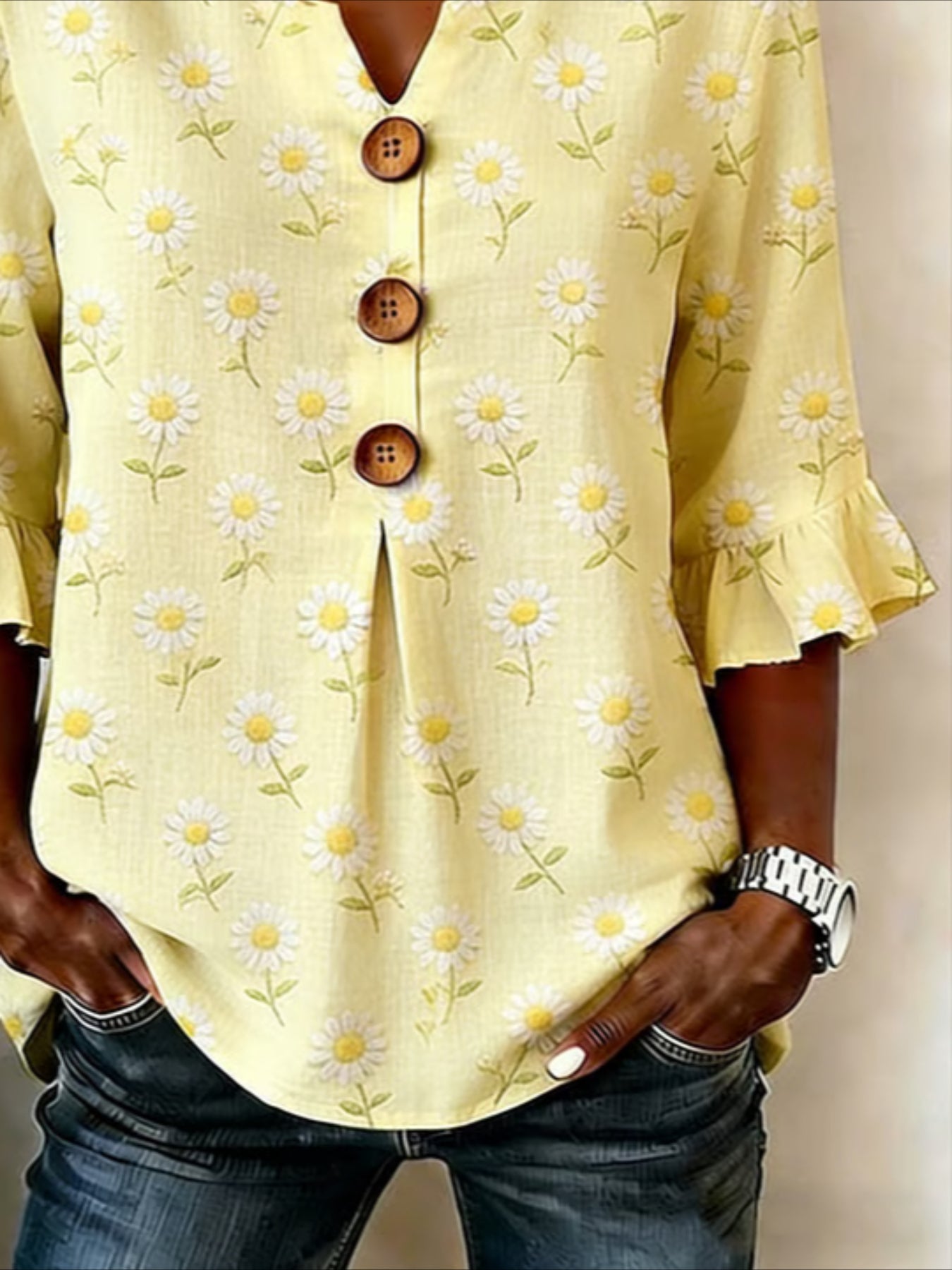 Floral V Neck Button Short Ruffle Sleeve Casual Top