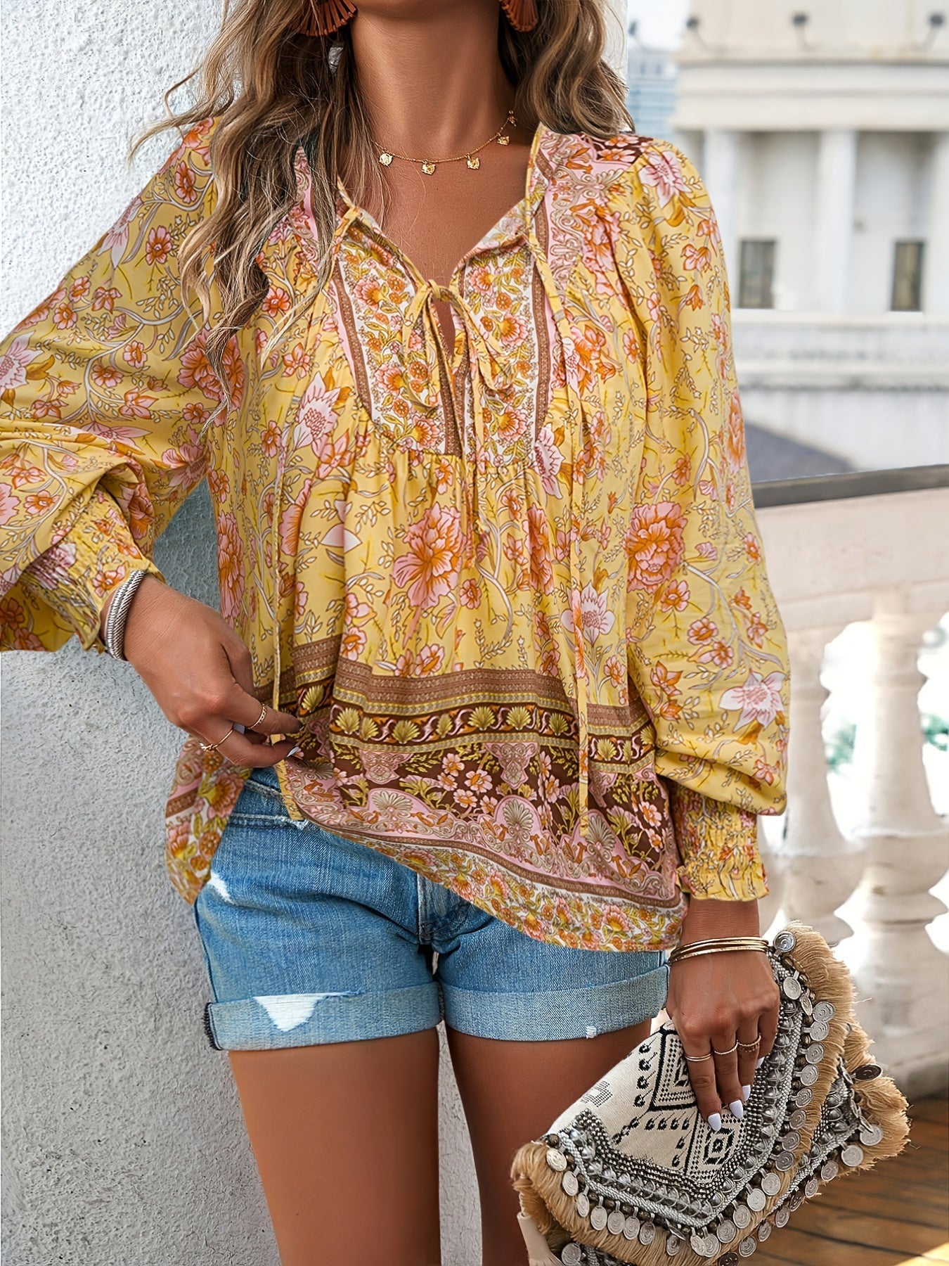 Drawstring Long Sleeve Casual Floral Print V Neck Blouse