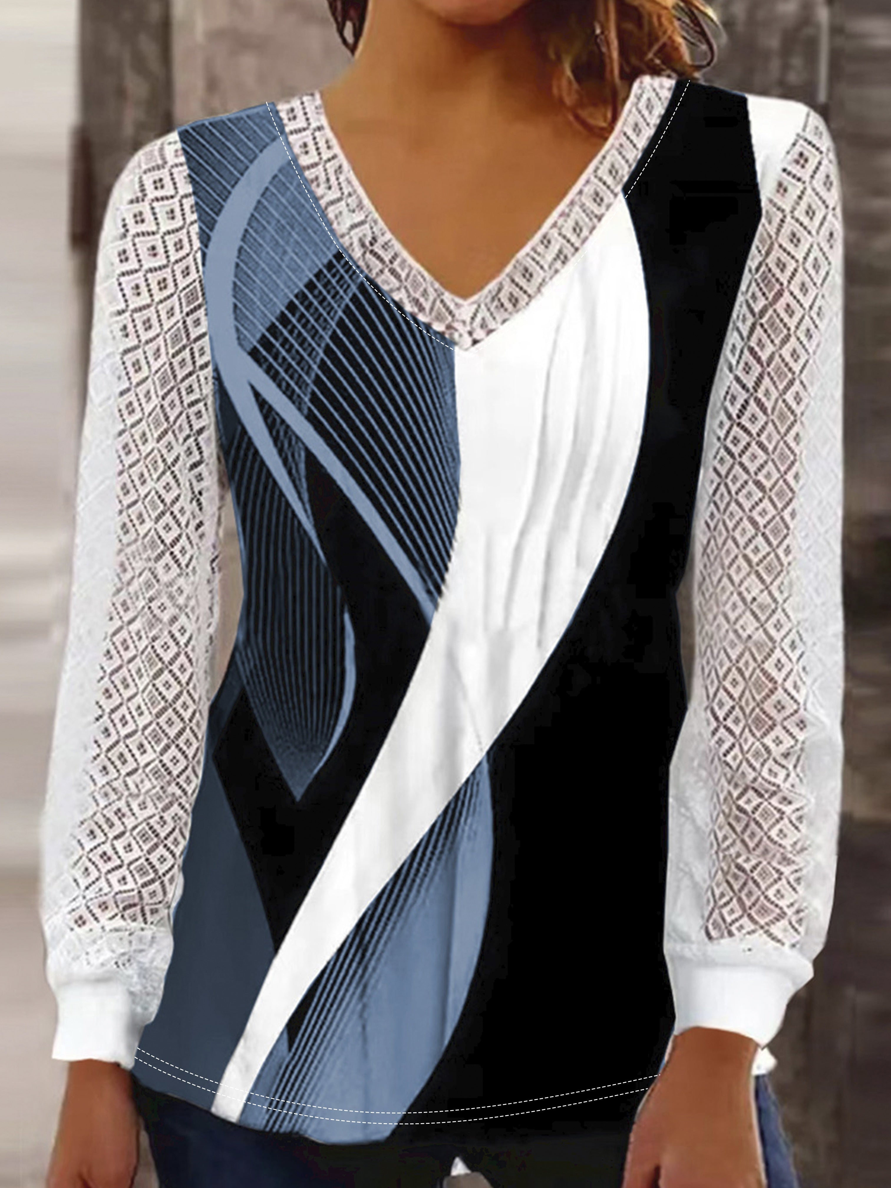 Women's Abstract Stripe Print Contrast Lace Long Sleeve V Neck Top