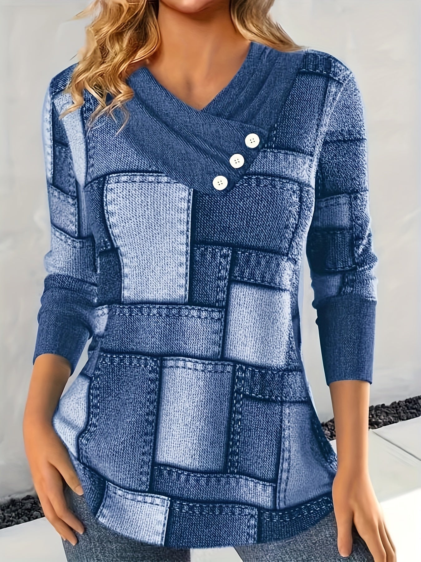 Patchwork Print Button Decor Tunics, Casual Long Sleeve V-neck