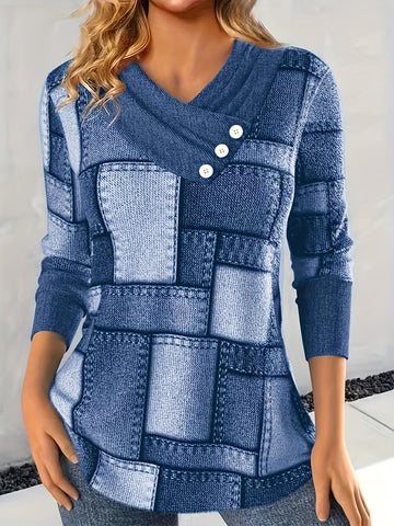 Patchwork Print Button Decor Tunics, Casual Long Sleeve V-neck