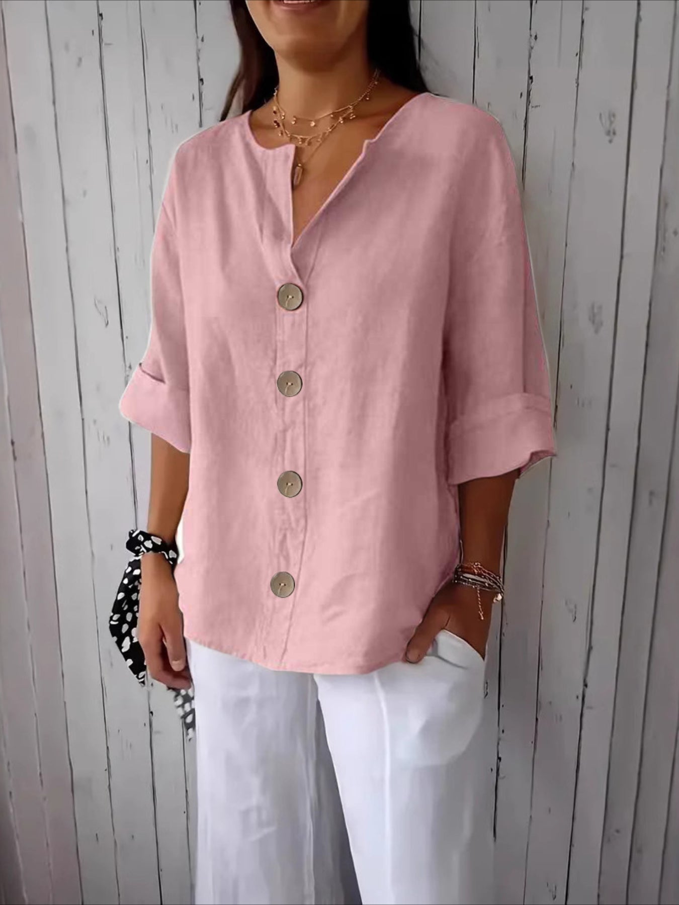 V-Neck Button-Up Solid Color Short Sleeve Loose Fit Short Sleeve Shirt