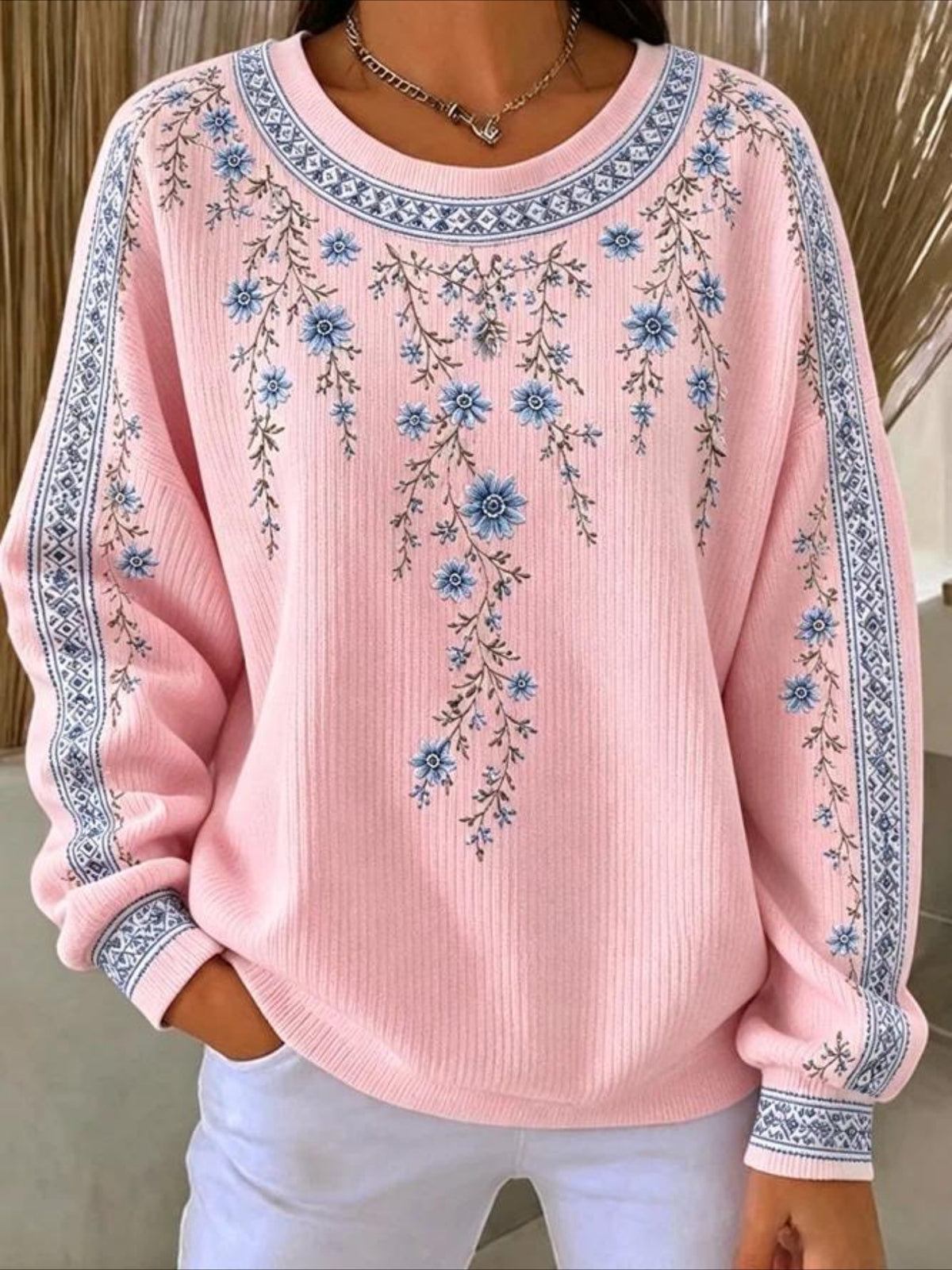 Floral Casual Printing Loose Leaf Crew Neck Regular Fit Sweatshirt