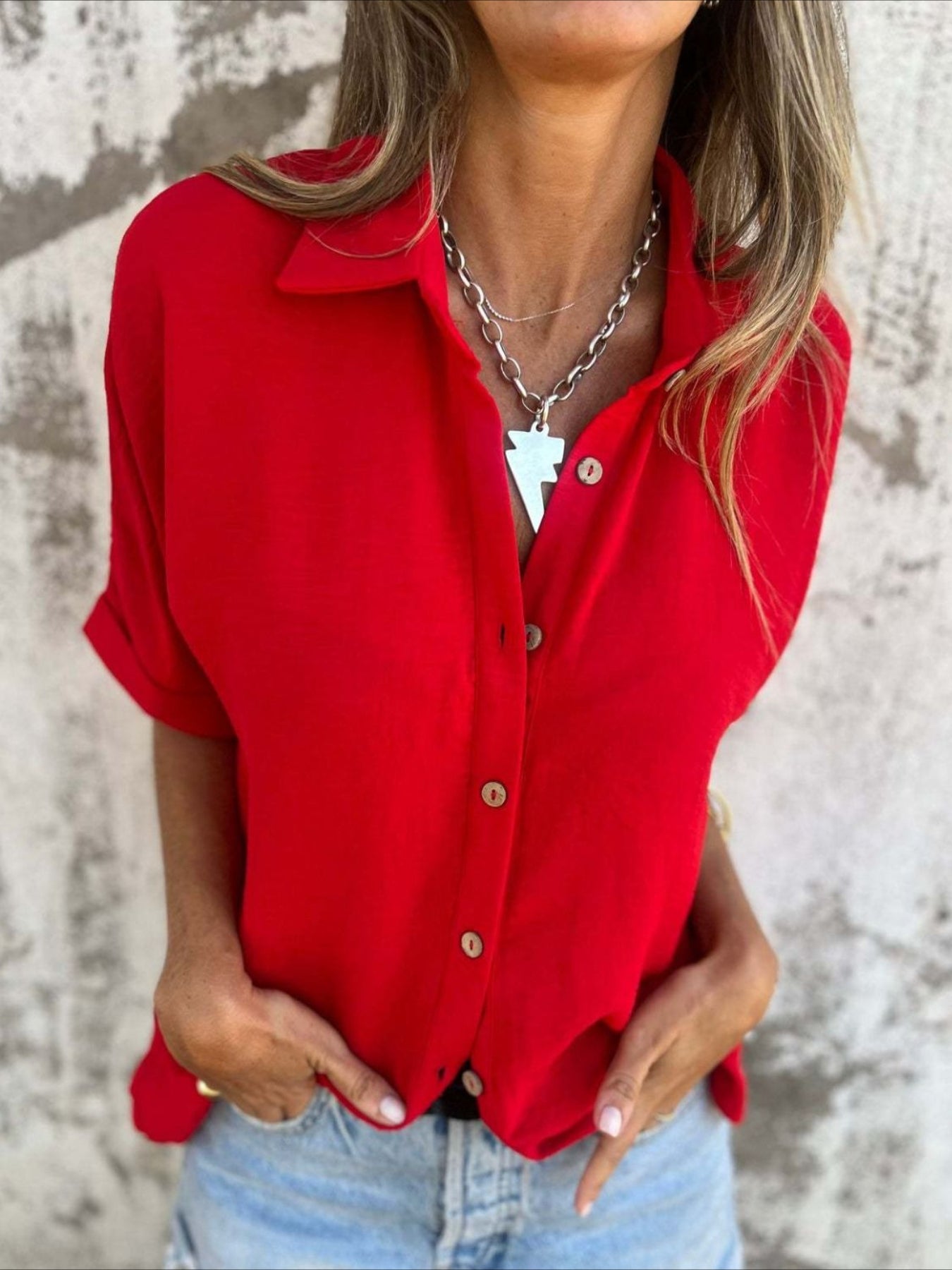 Casual Button Collared Short Sleeve Tunic Tops with Pocket