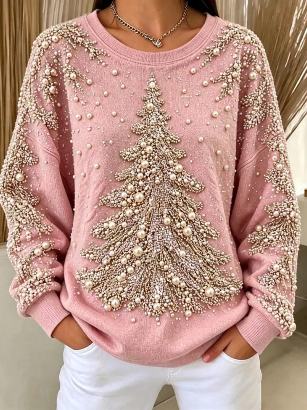 Christmas Tree Printed Crew Neck Long Sleeve Sweater Hoodie