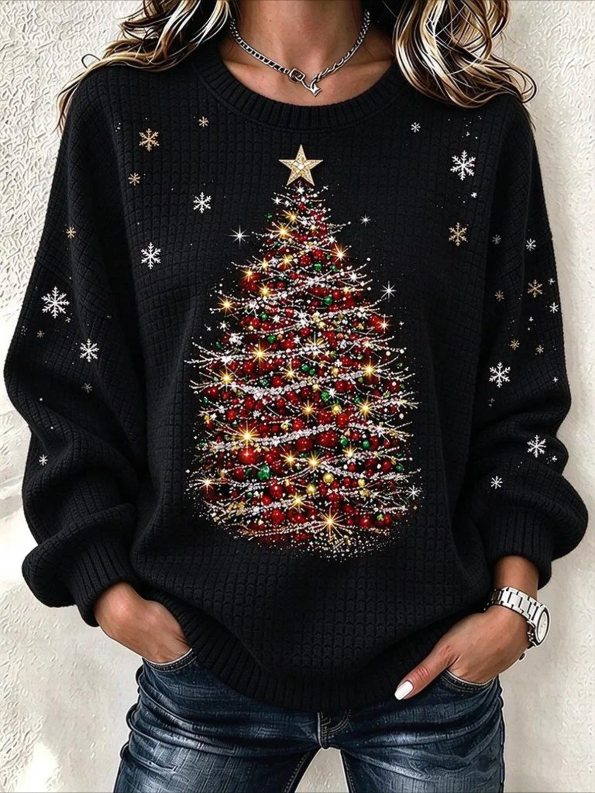 Regular Fit Crew Neck Christmas Tree Casual Sweatshirt