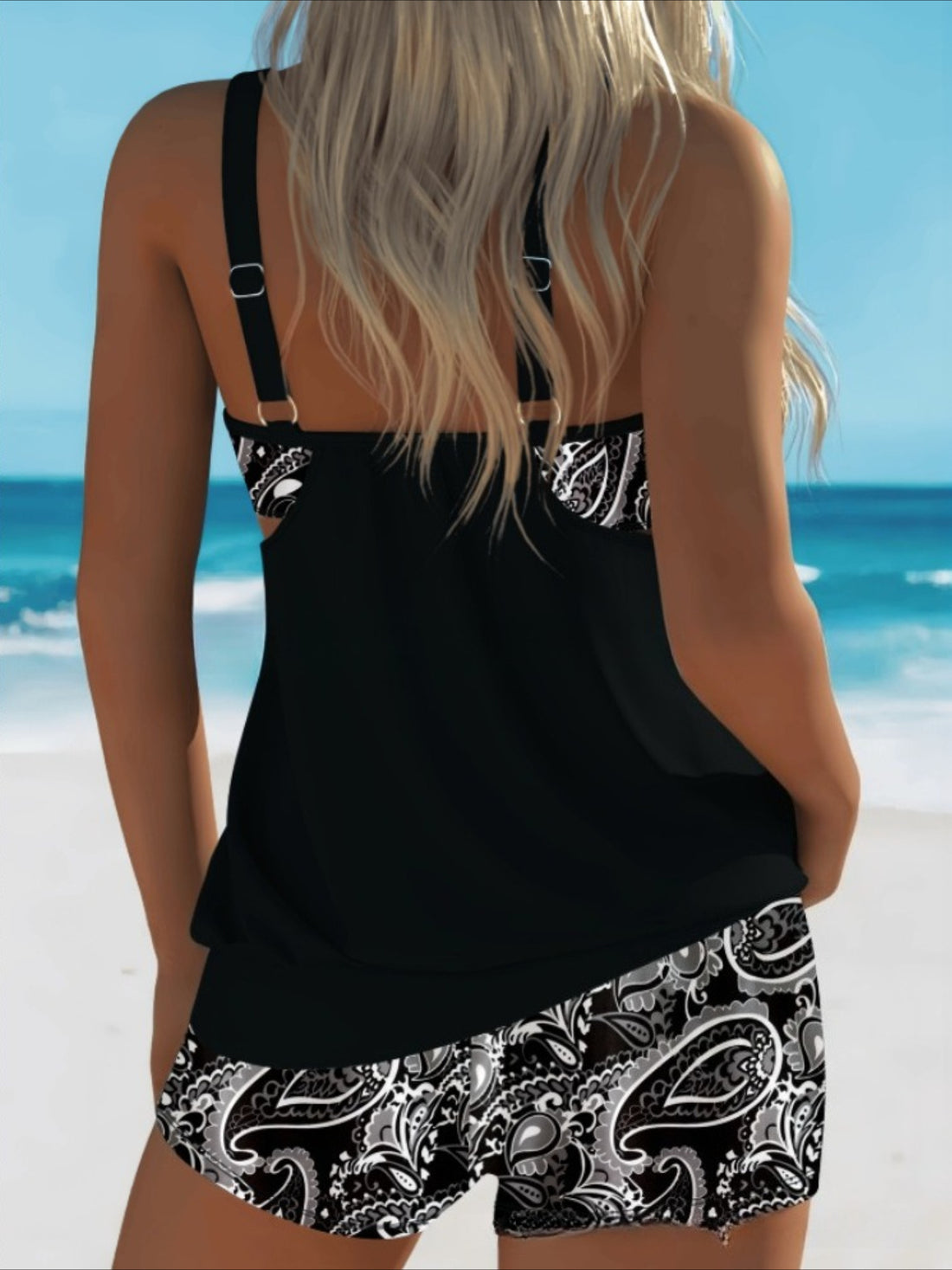 Floral High-Stretch Sleeveless Turquoise Tankini Set