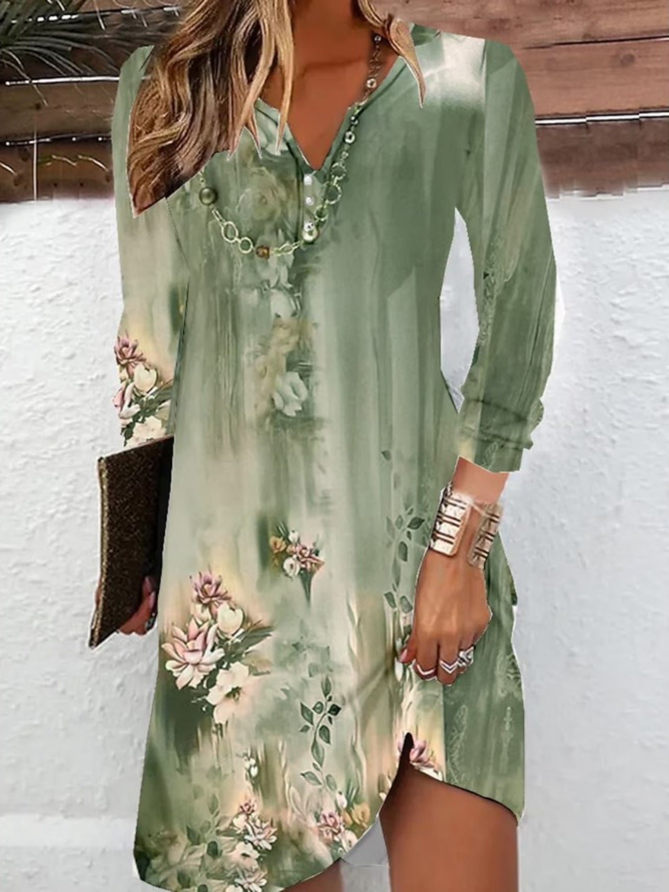 Floral Print Notched Neck Dress, Vintage Long Sleeve Mini Dress