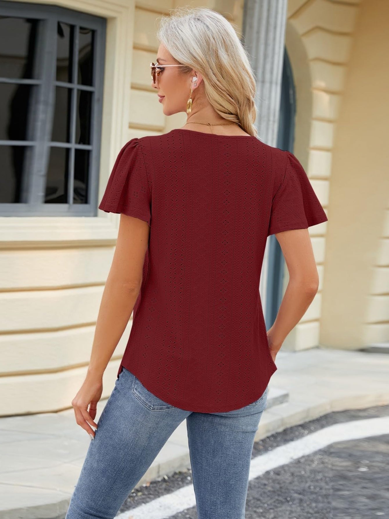 Pleated Hollowed Out Square Neck Short Sleeve T-Shirt