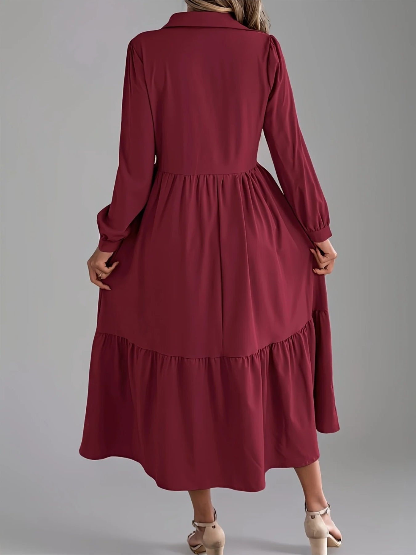 Elegant Solid Color Ruffle Hem Long Sleeve Lapel Collar Midi Dress