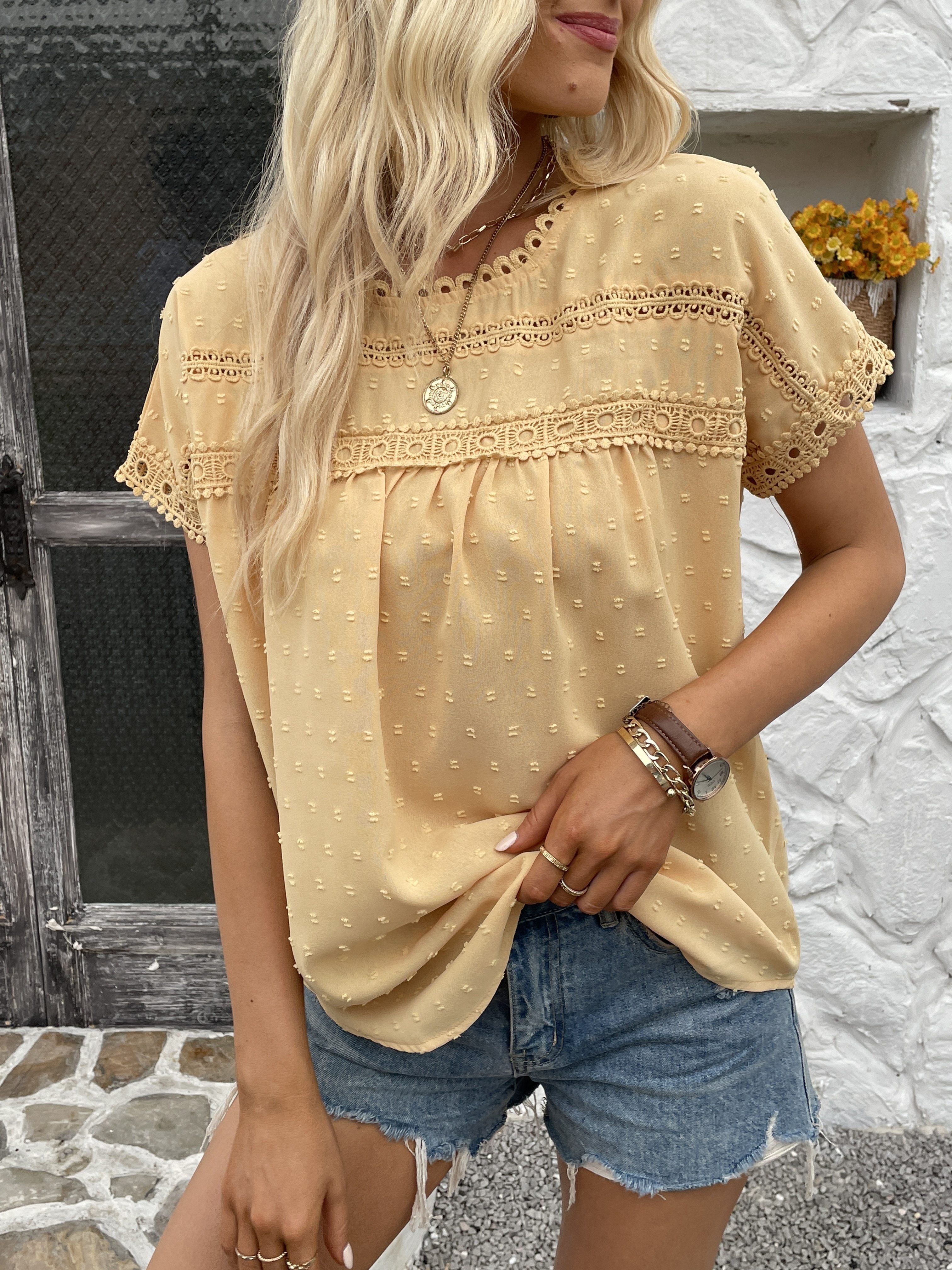 Women's Swiss Dot Embroidered T-Shirt, A Stylish and Comfortable Everyday Top