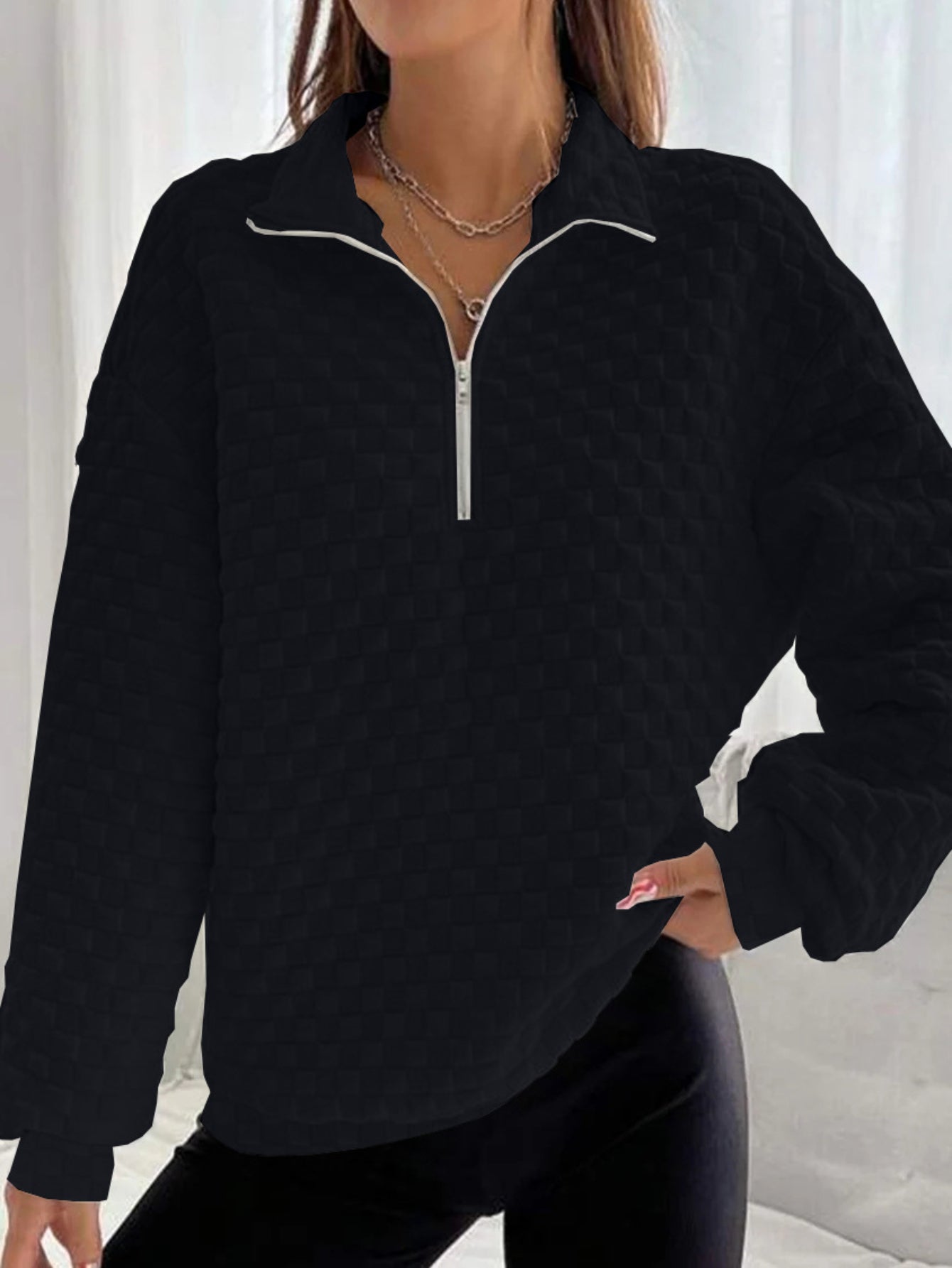 Solid Textured Zipper Sweatshirt, Casual Long Sleeve Drop Shoulder Sweatshirt