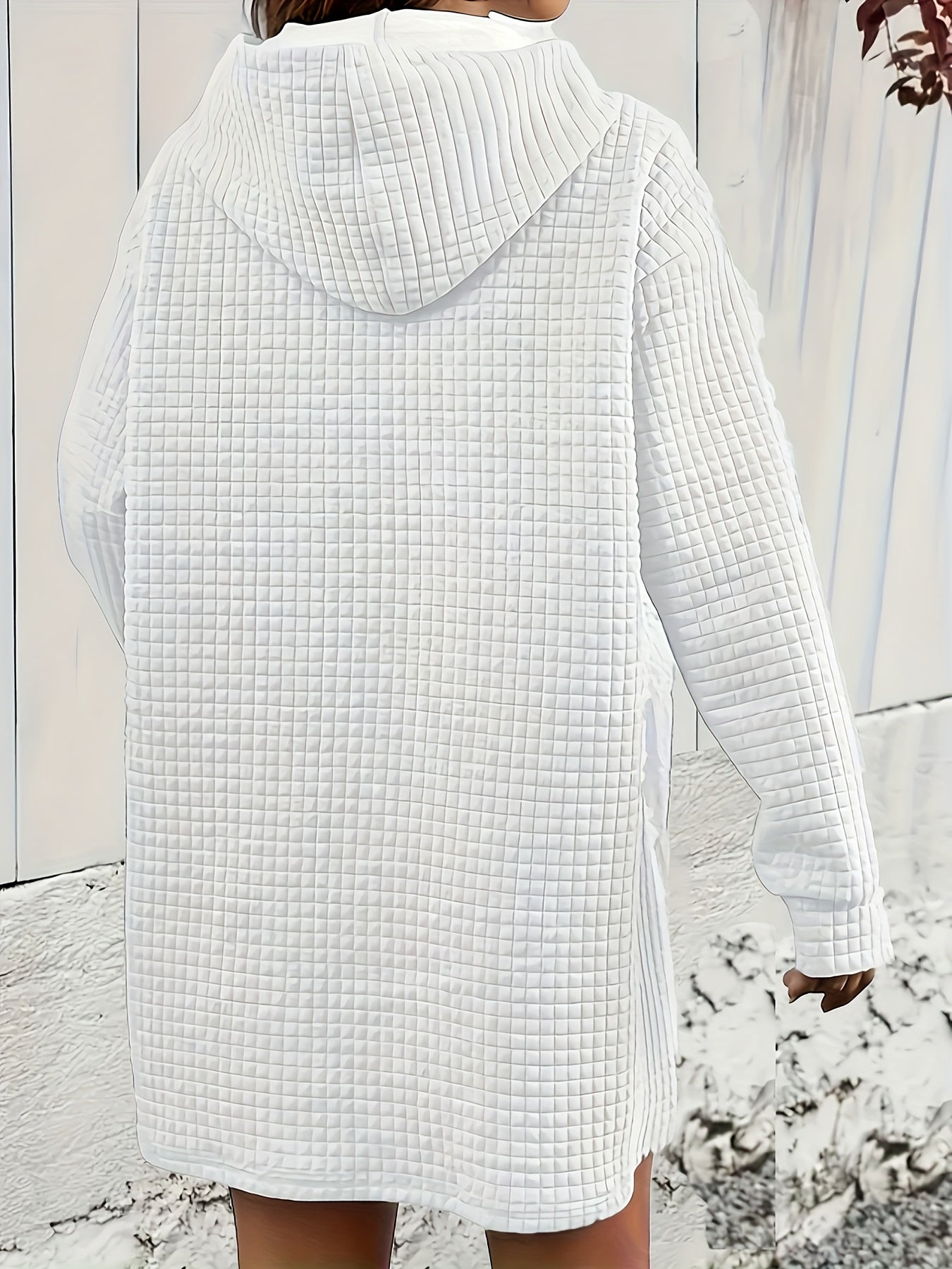Stylish Textured Drawstring Dress - Comfy Hooded Long Sleeve with Kangaroo Pocket