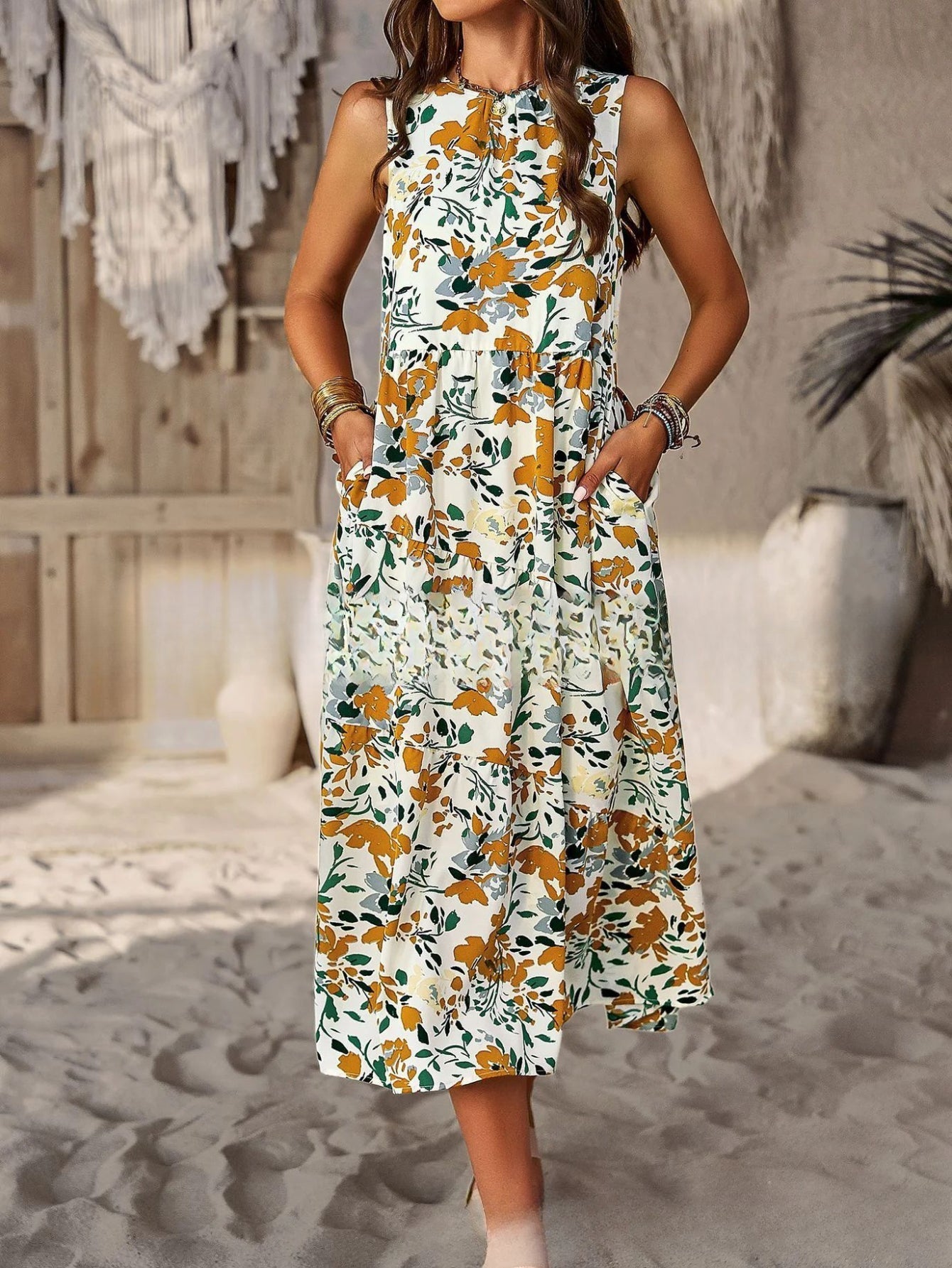 Allover Print Crew Neck Tank Dress, Casual Sleeveless Flowy Dress